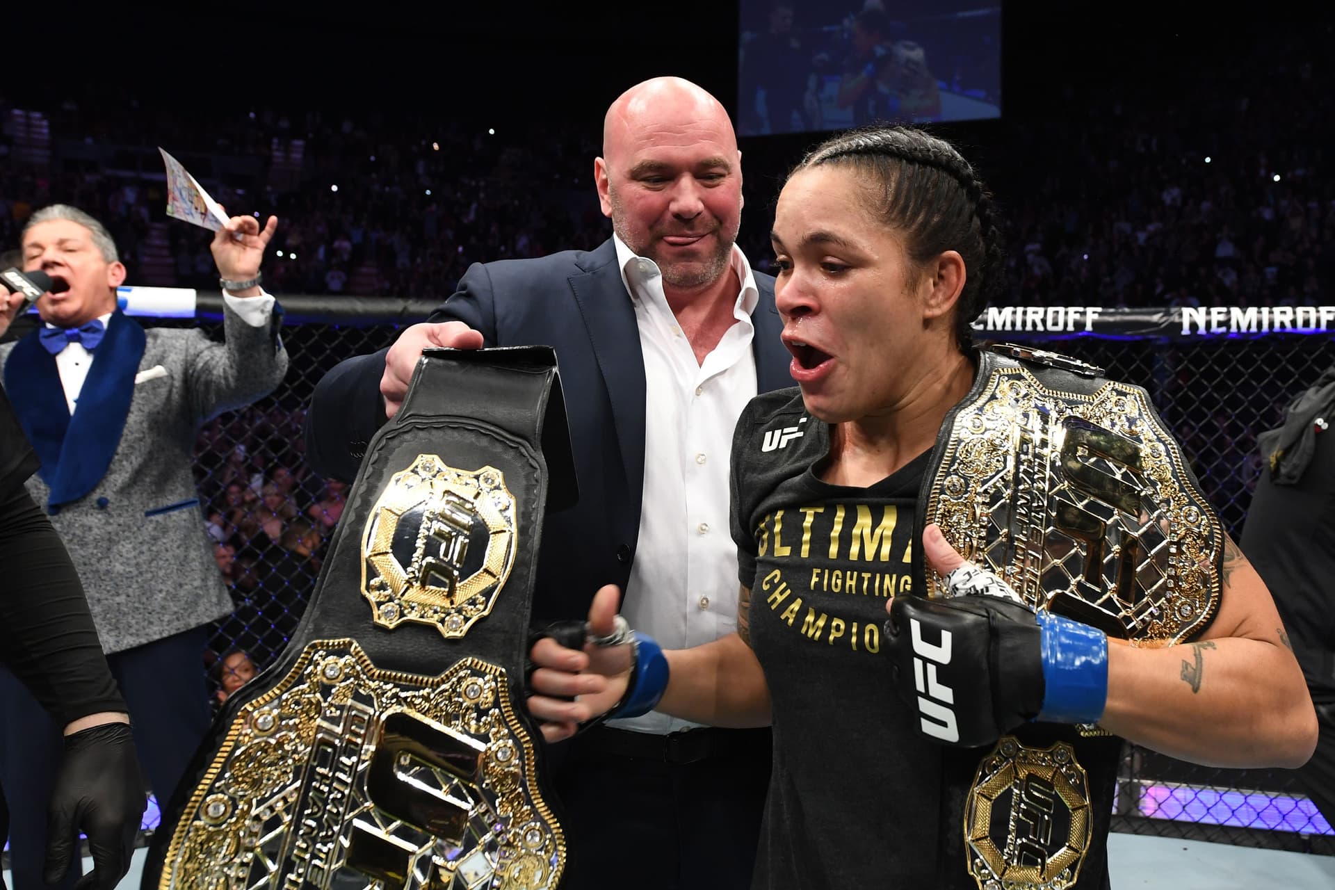 Amanda Nunes of Brazil celebrates her KO victory over Cris Cyborg of Brazil