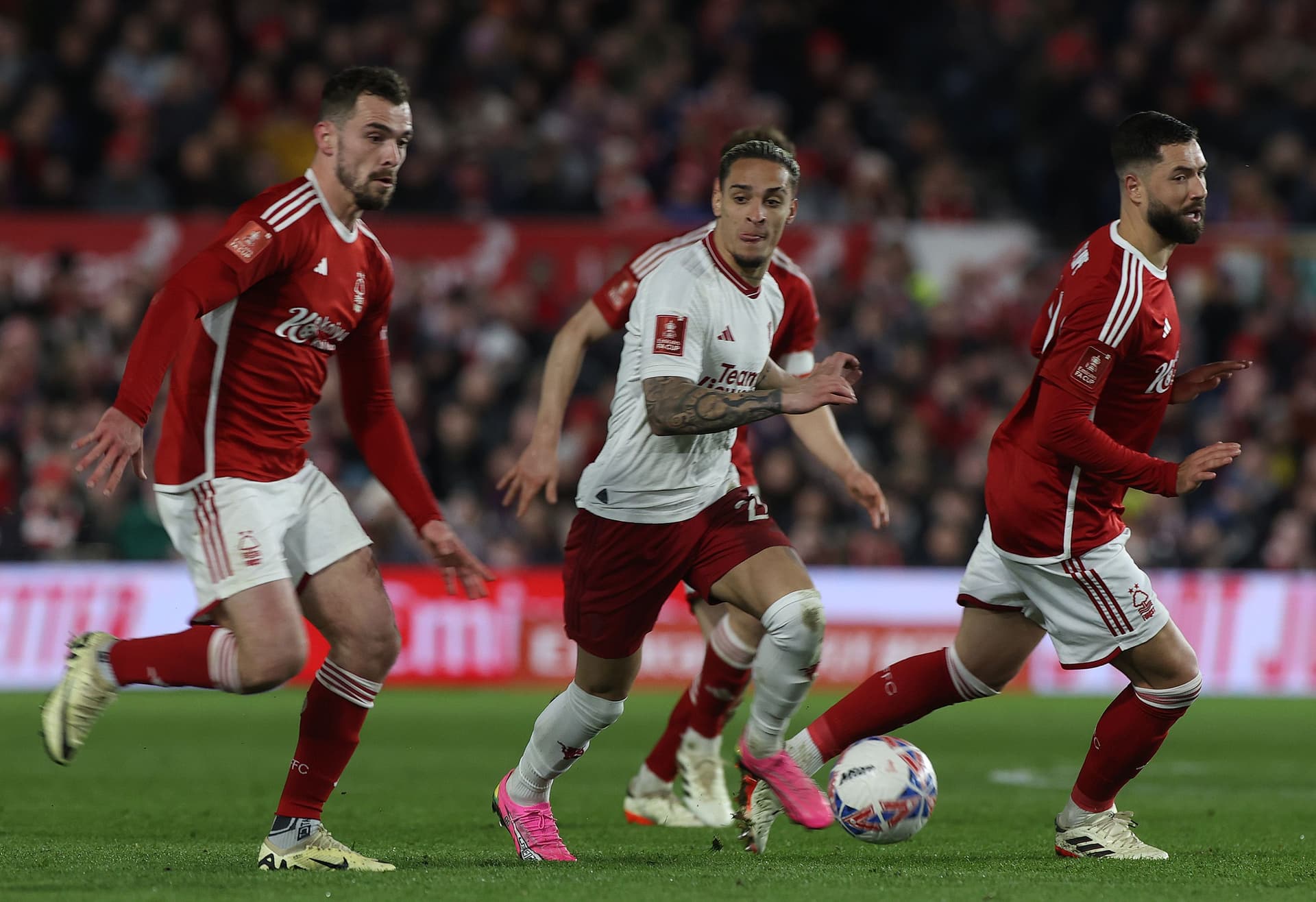 Antony of Manchester United in action with Felipe of Nottingham Forest