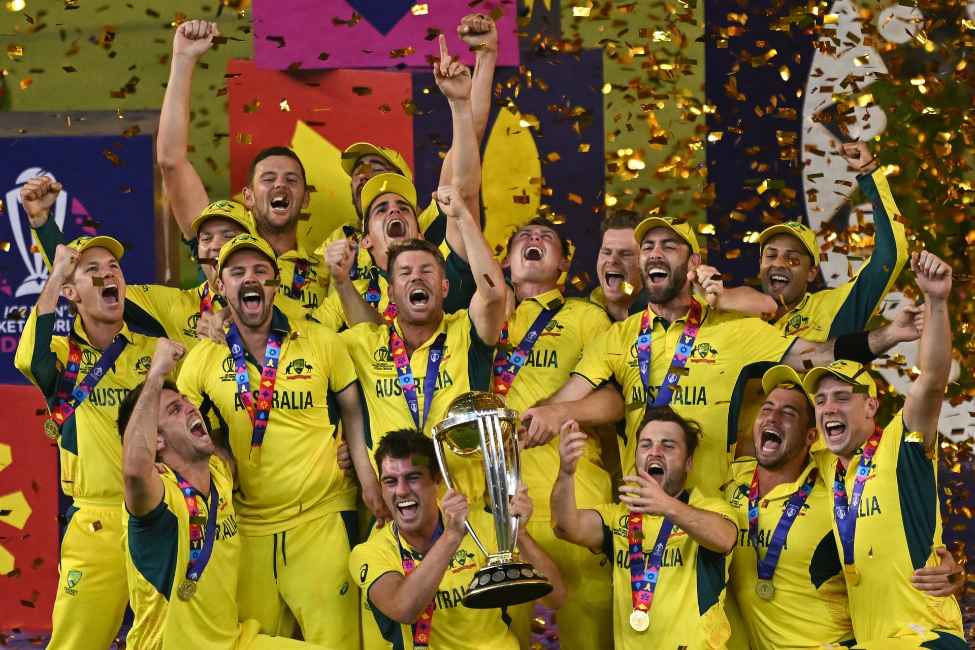 Australia's players celebrating with the ICC ODI Men's Cricket World Cup trophy