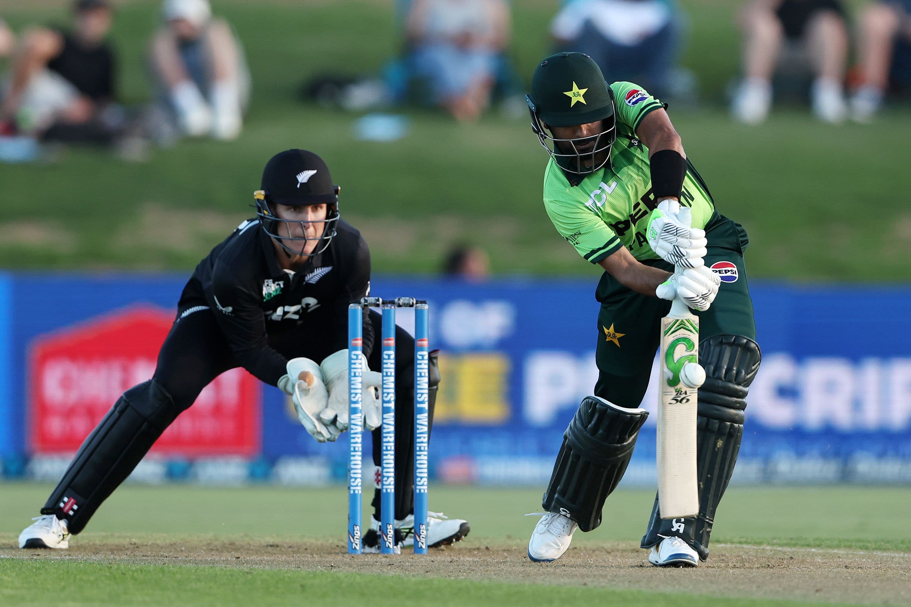 Babar Azam of Pakistan plays a shot during game three of the Men's ODI series