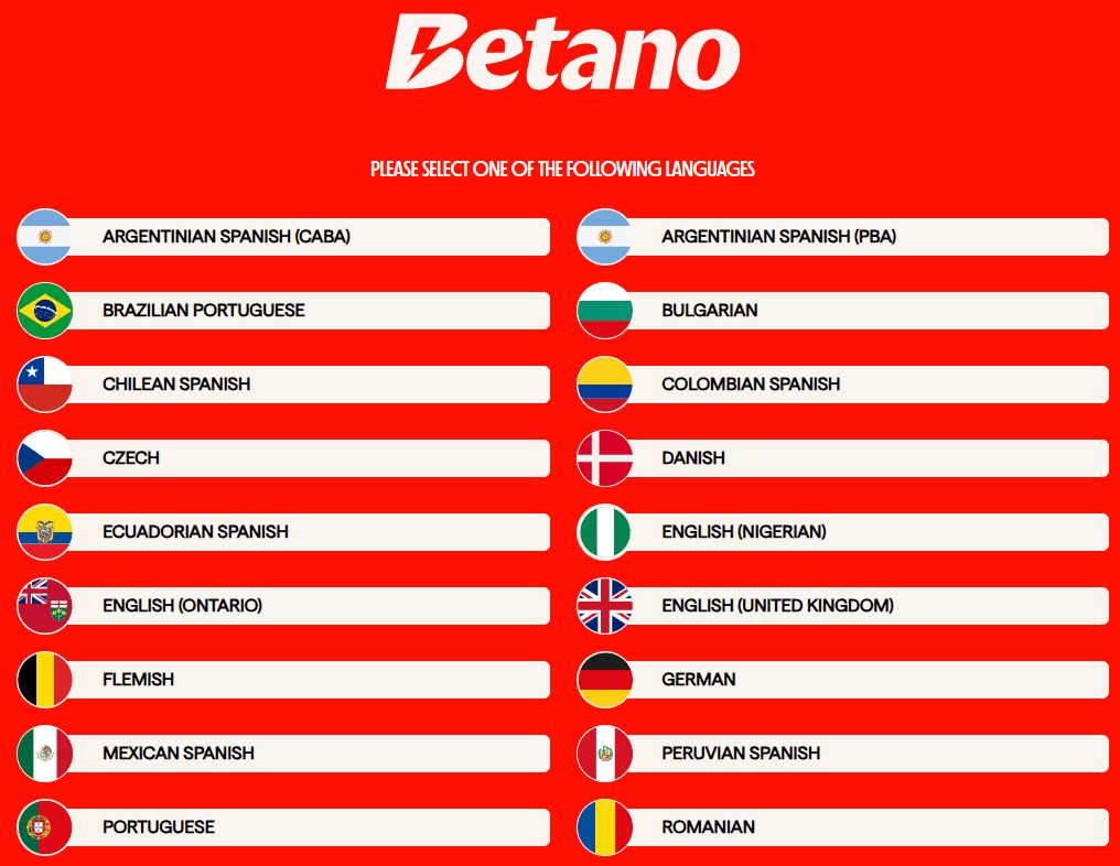 Select Language on Betano Registration Page