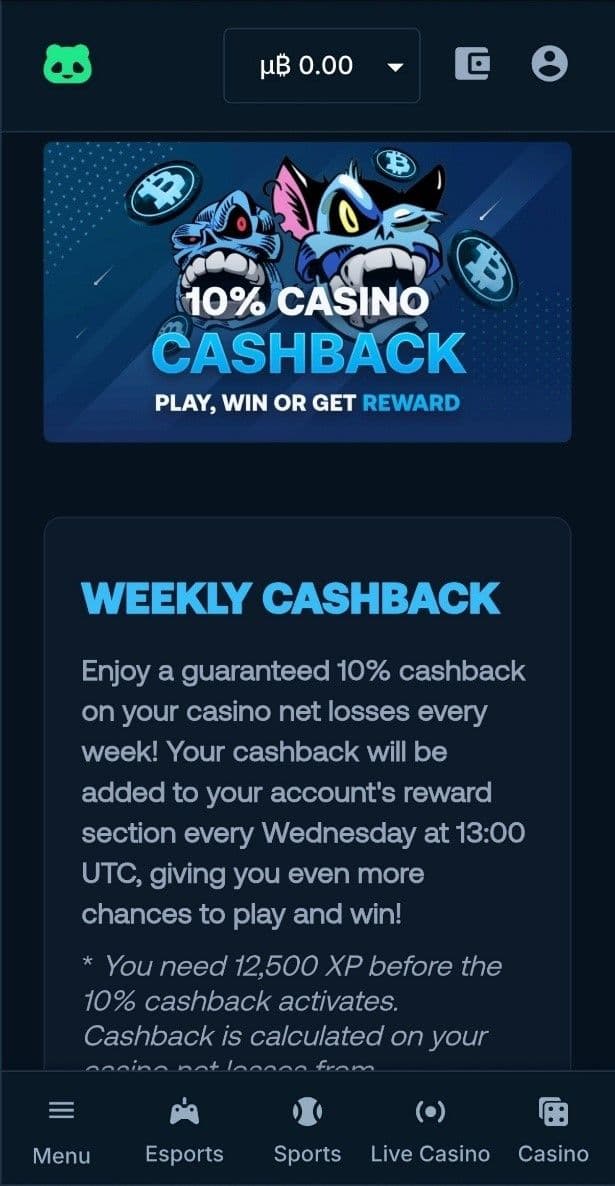 Betpanda 10% Casino Cashback Offer