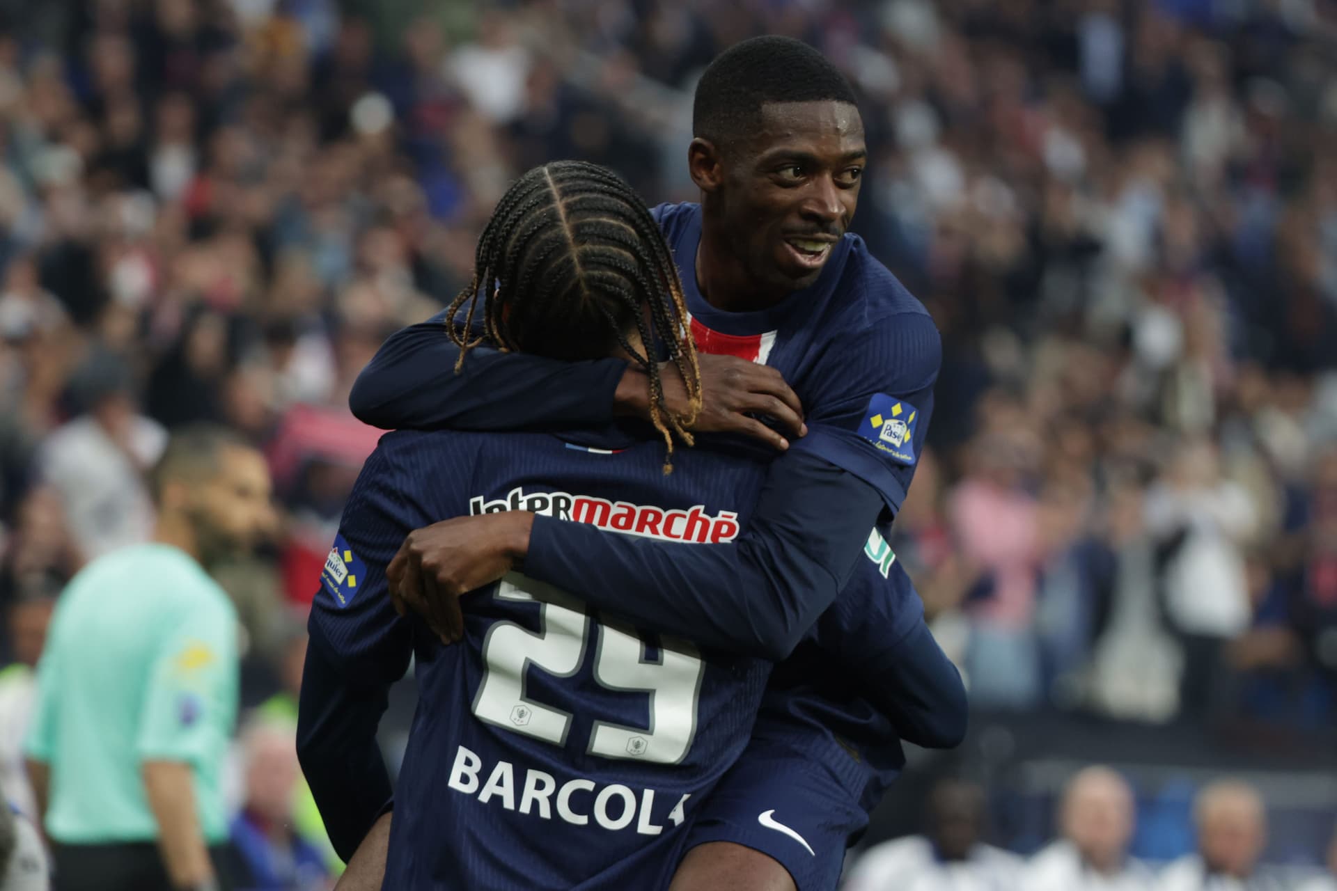 Bradley Barcola and Ousmane Dembélé of Paris Saint-Germain celebrates goal during the French Cup.jpg