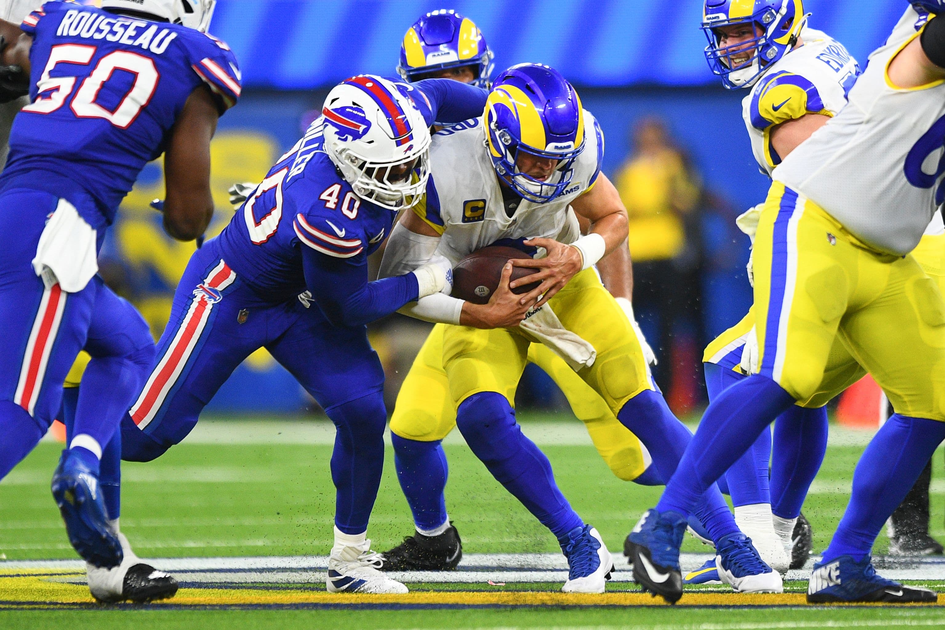 Buffalo Bills defensive end Von Miller sacks Los Angeles Rams quarterback Matthew Stafford