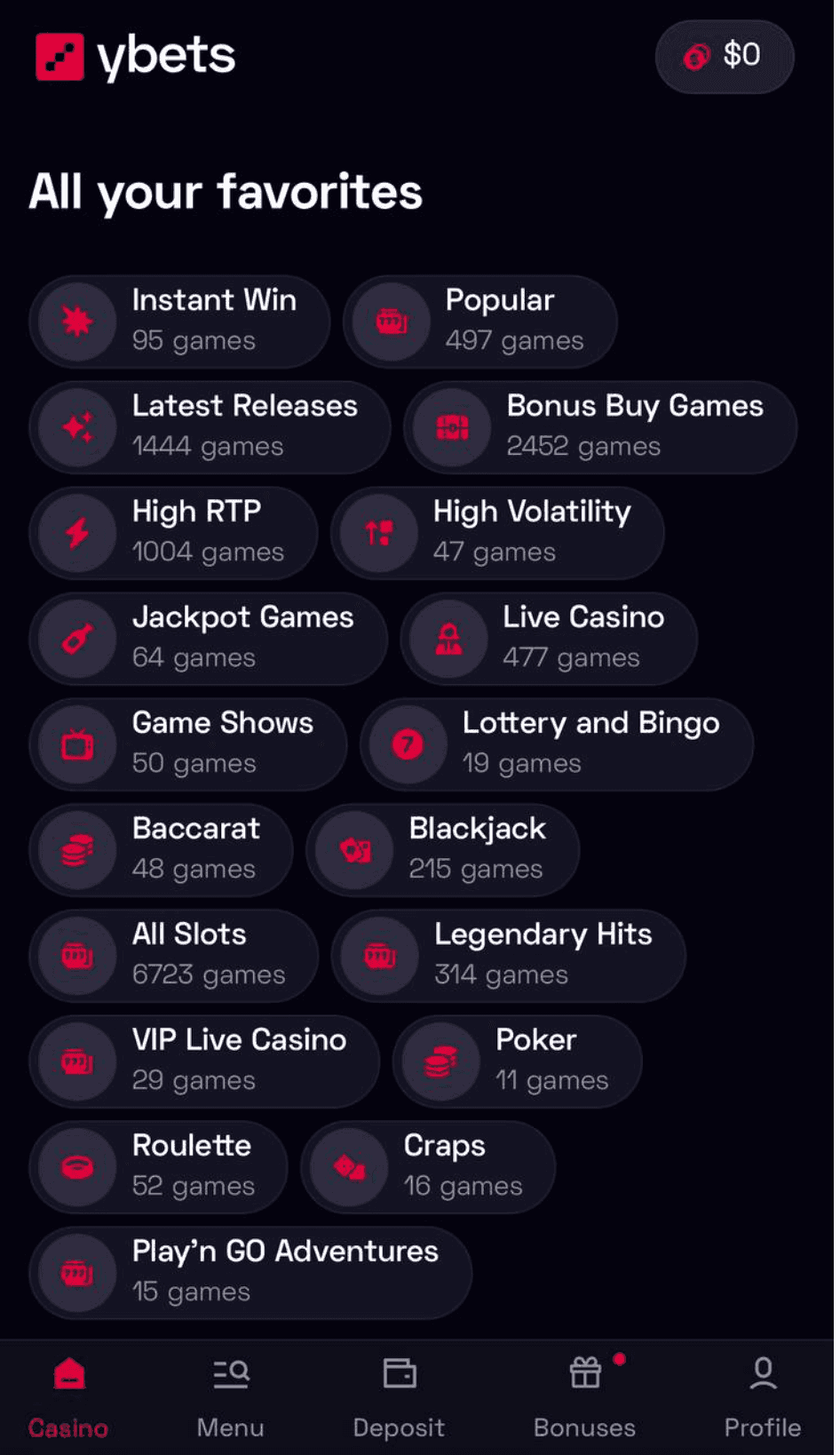 Casino Game Selection..