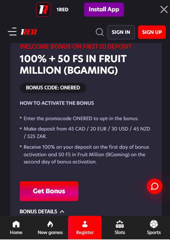 Choose the 1Red promotion that you want to claim