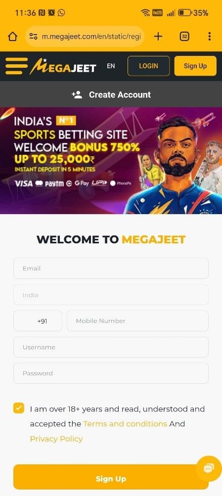 Click on “Sign Up” Megajeet