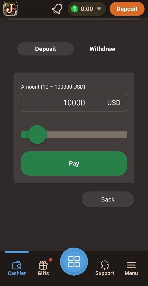 Click on the Deposit button on the top right of the screen