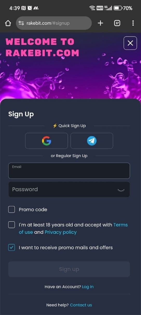 Complete the registration process Rakebit
