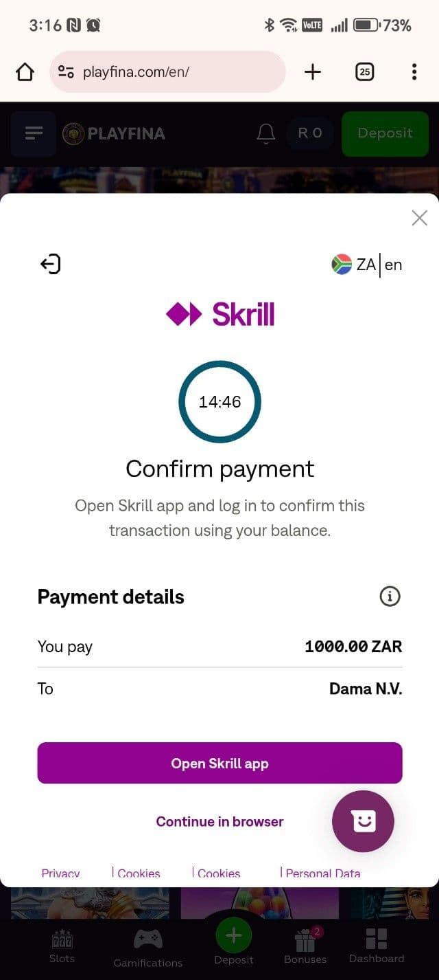 Confirm the transaction PLayfina