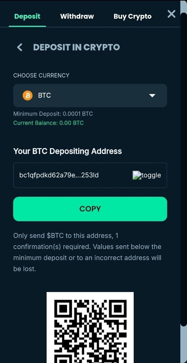 Copy the depositing address or scan the QR code