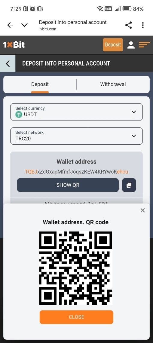 Copy the wallet address 1xbit