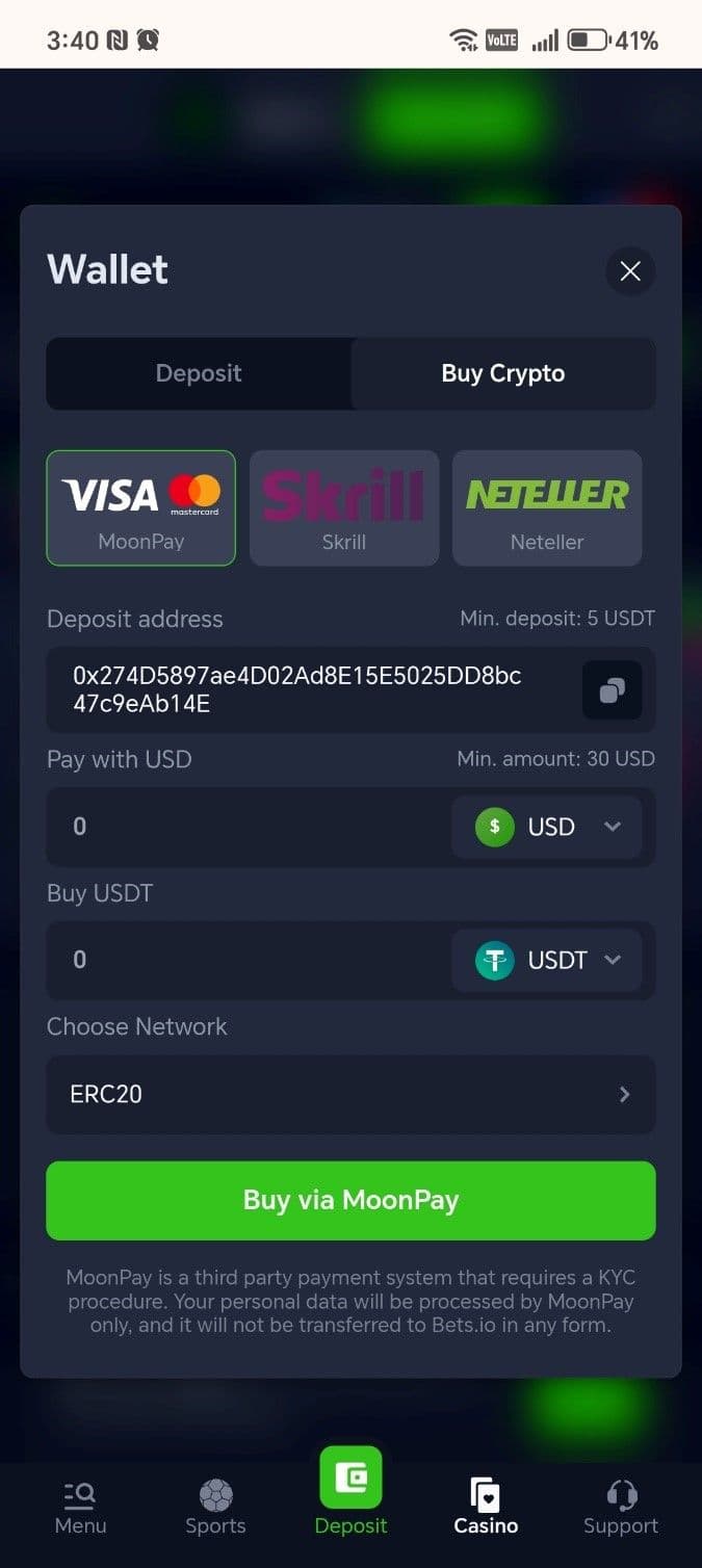 Copy the wallet address or scan the QR code.