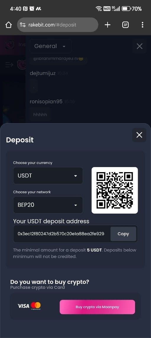 Copy the wallet address rakebit