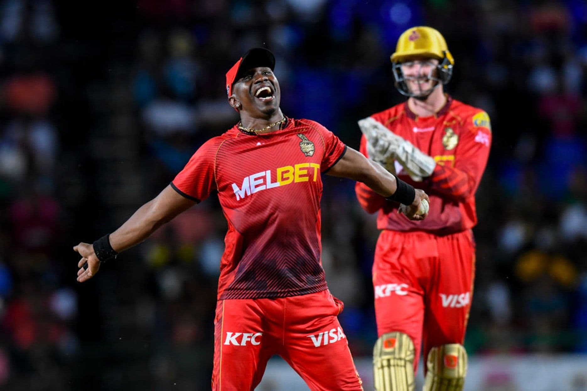 Cricketer Dwayne Bravo of Trinbago Knight Riders celebrates during Saint Kitts and Nevis Patriots during the Men's 2023 Republic Bank match.jpg