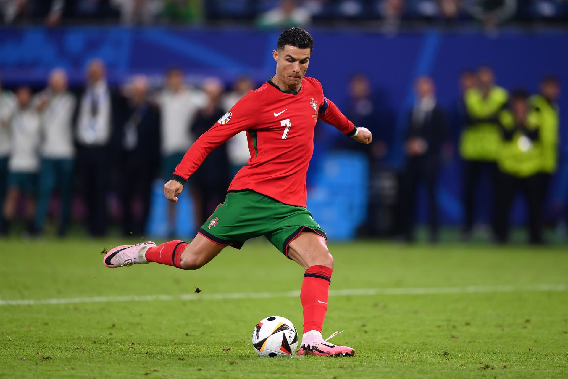 Cristiano Ronaldo of Portugal takes a penalty in the shoot out during the UEFA EURO 2024.