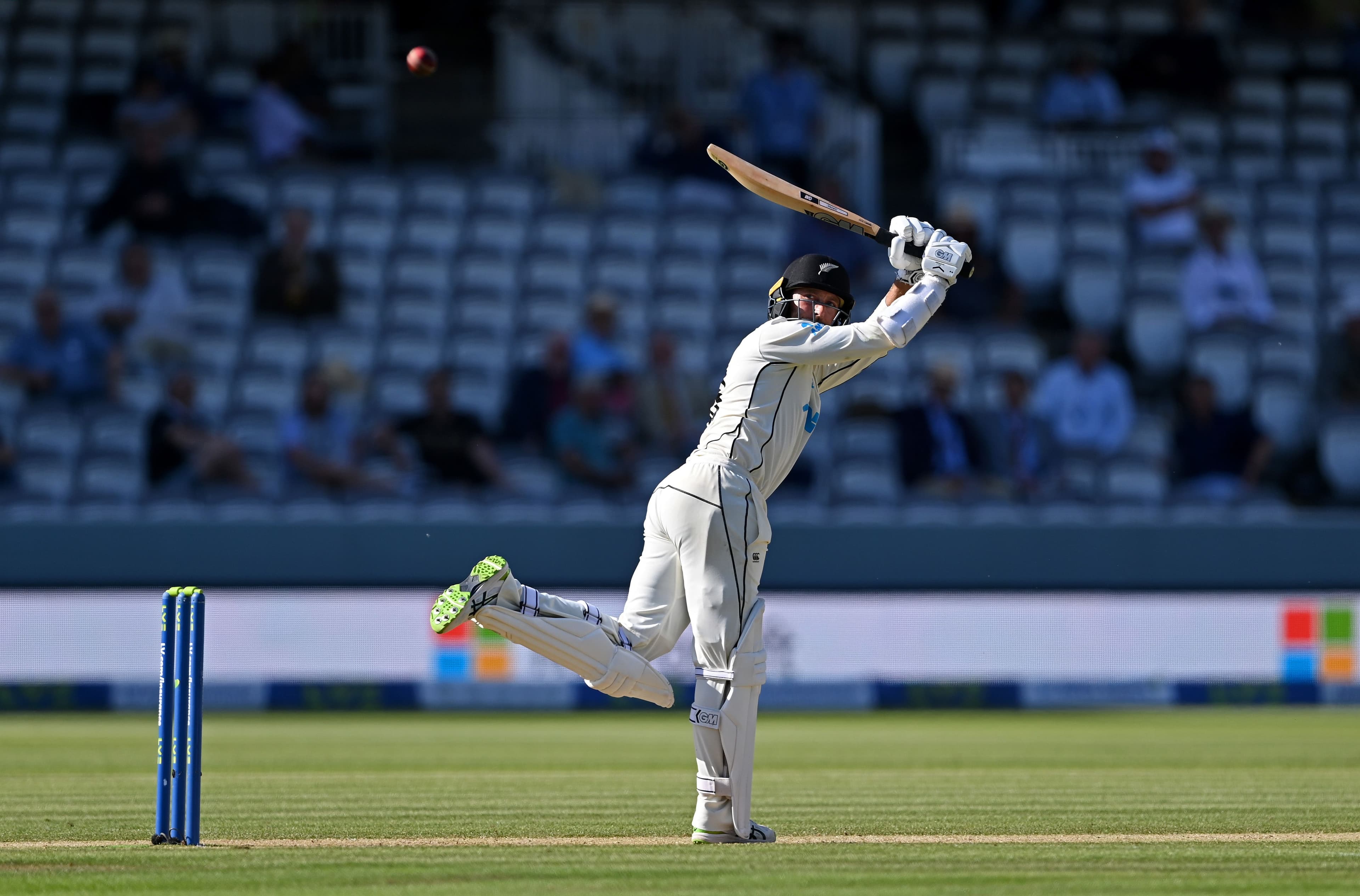Devon Conway of New Zealand hits off his legs during Insurance Test Match