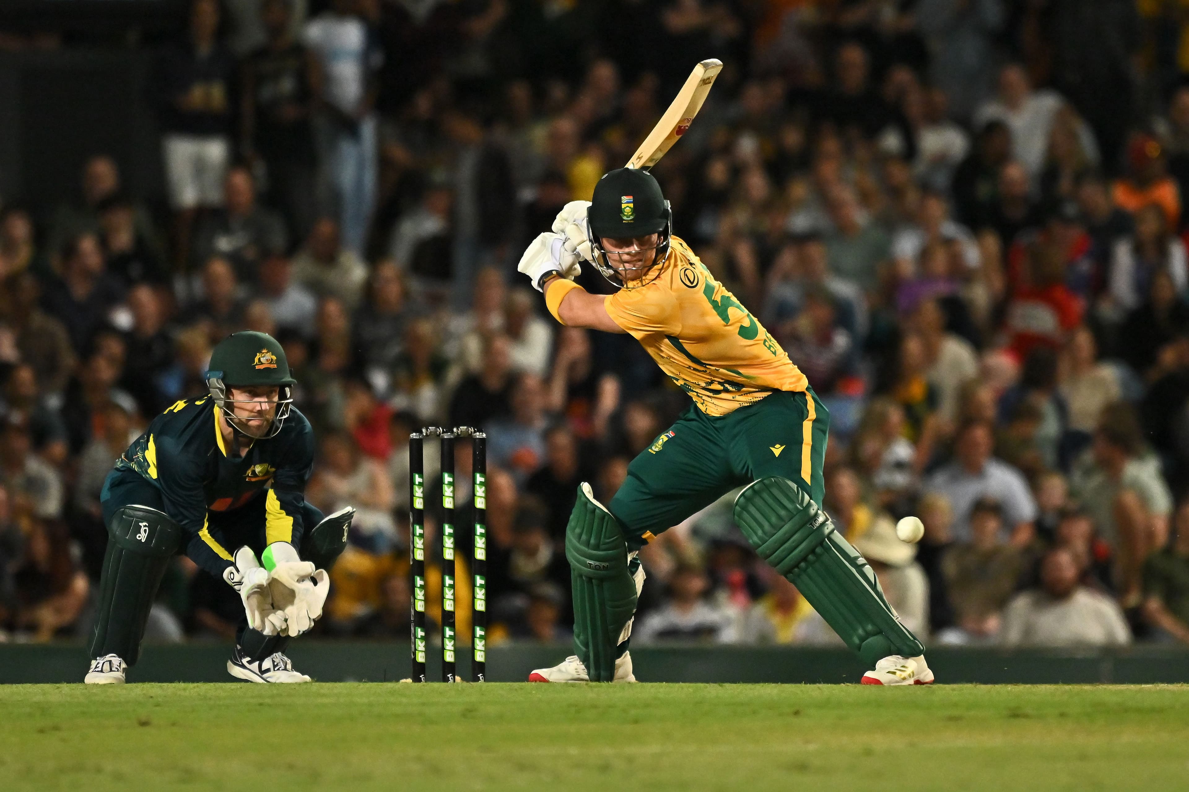 Dewald Brevis of South Africa bats during game three of the Men's T20 International series