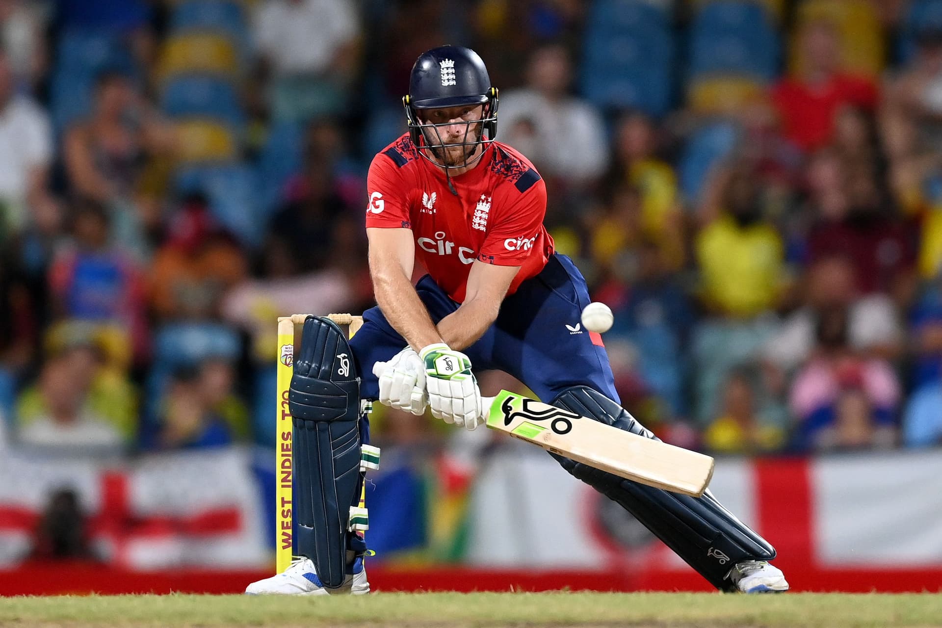 England captain Jos Buttler bats during the 2nd T20 International between the West Indies and England