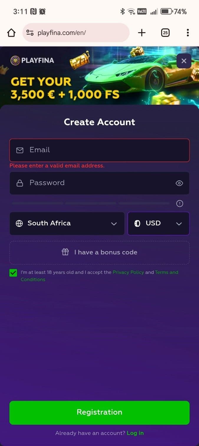 Enter your email, password, and preferred currency.