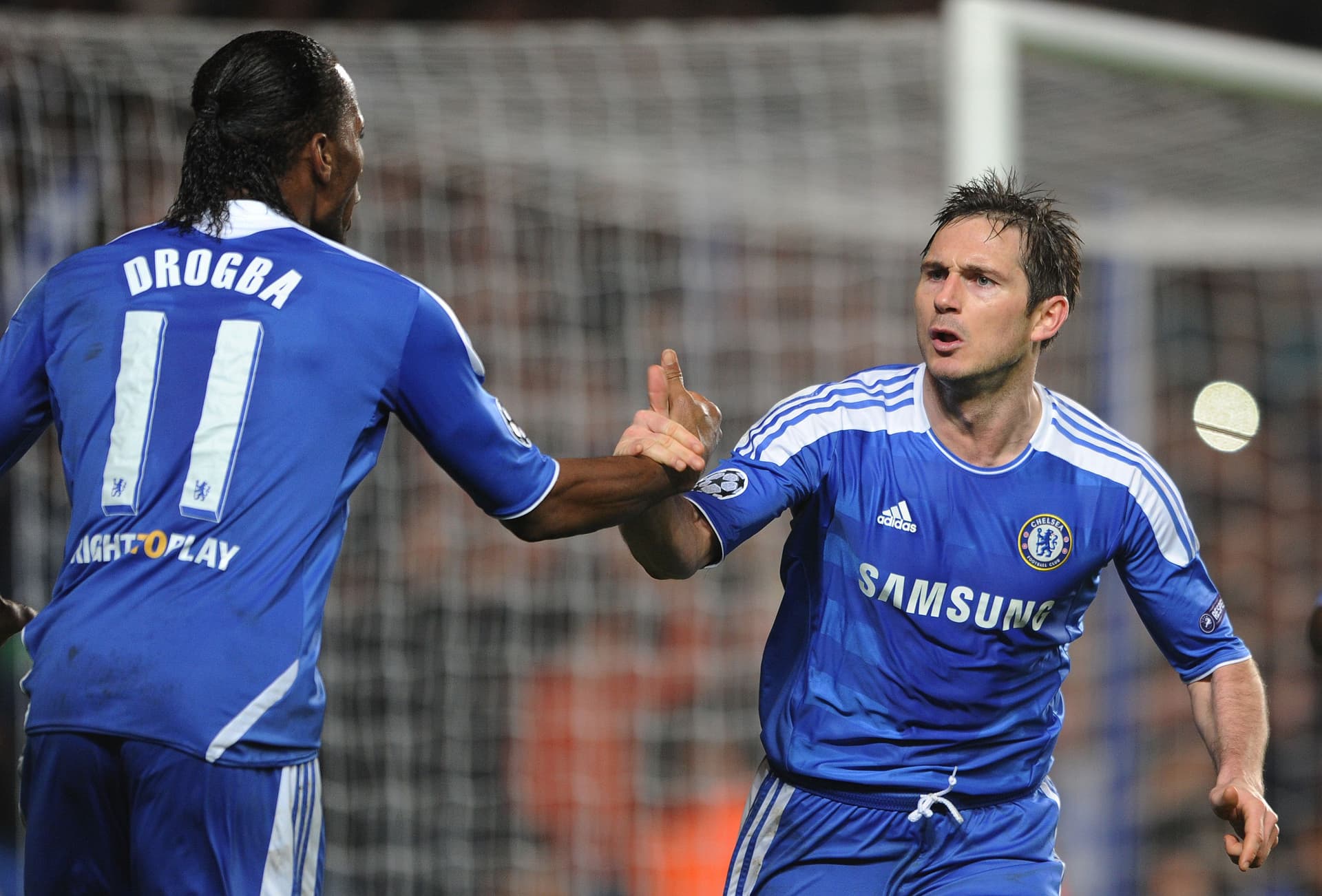Frank Lampard of Chelsea celebrates his goal with Didier Drogba