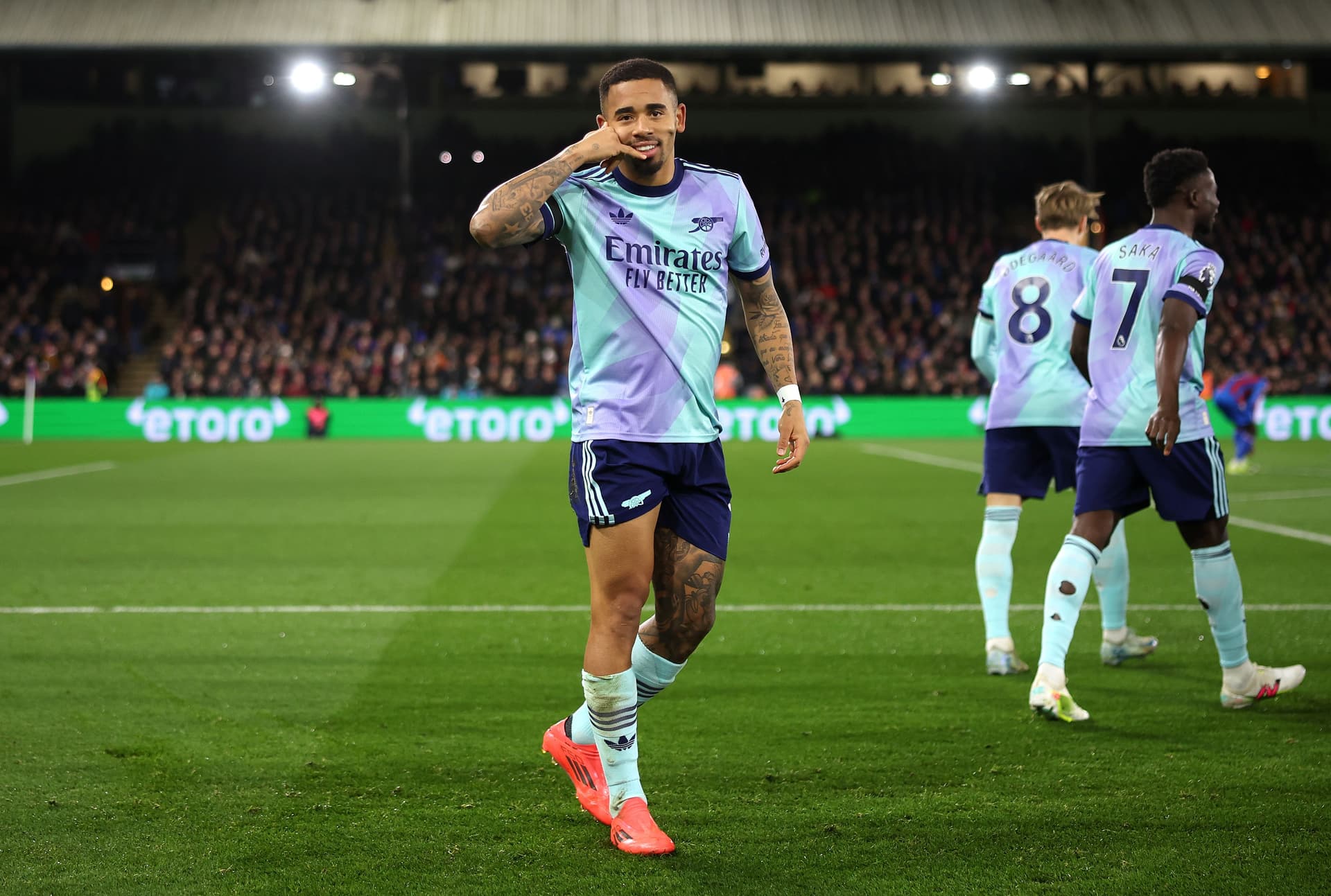 Gabriel Jesus of Arsenel celebrates after scoring his sides first goal during the Premier League match between Crystal Palace