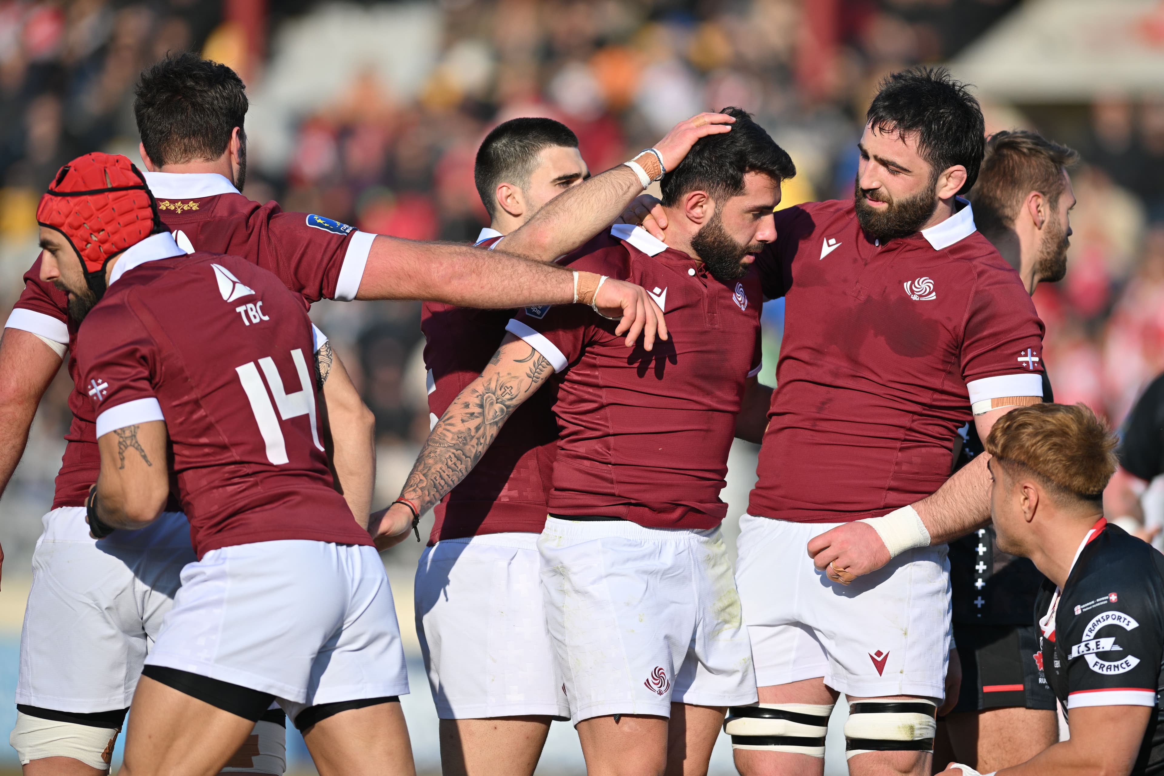 Georgian players celebrate their try during the 2025 Rugby