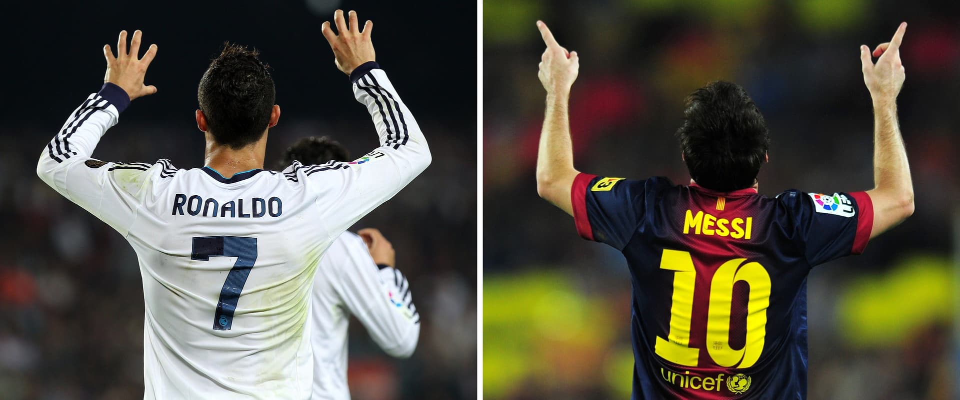 Cristiano Ronaldo (L) and Barcelona's Argentinian forward Lionel Messi