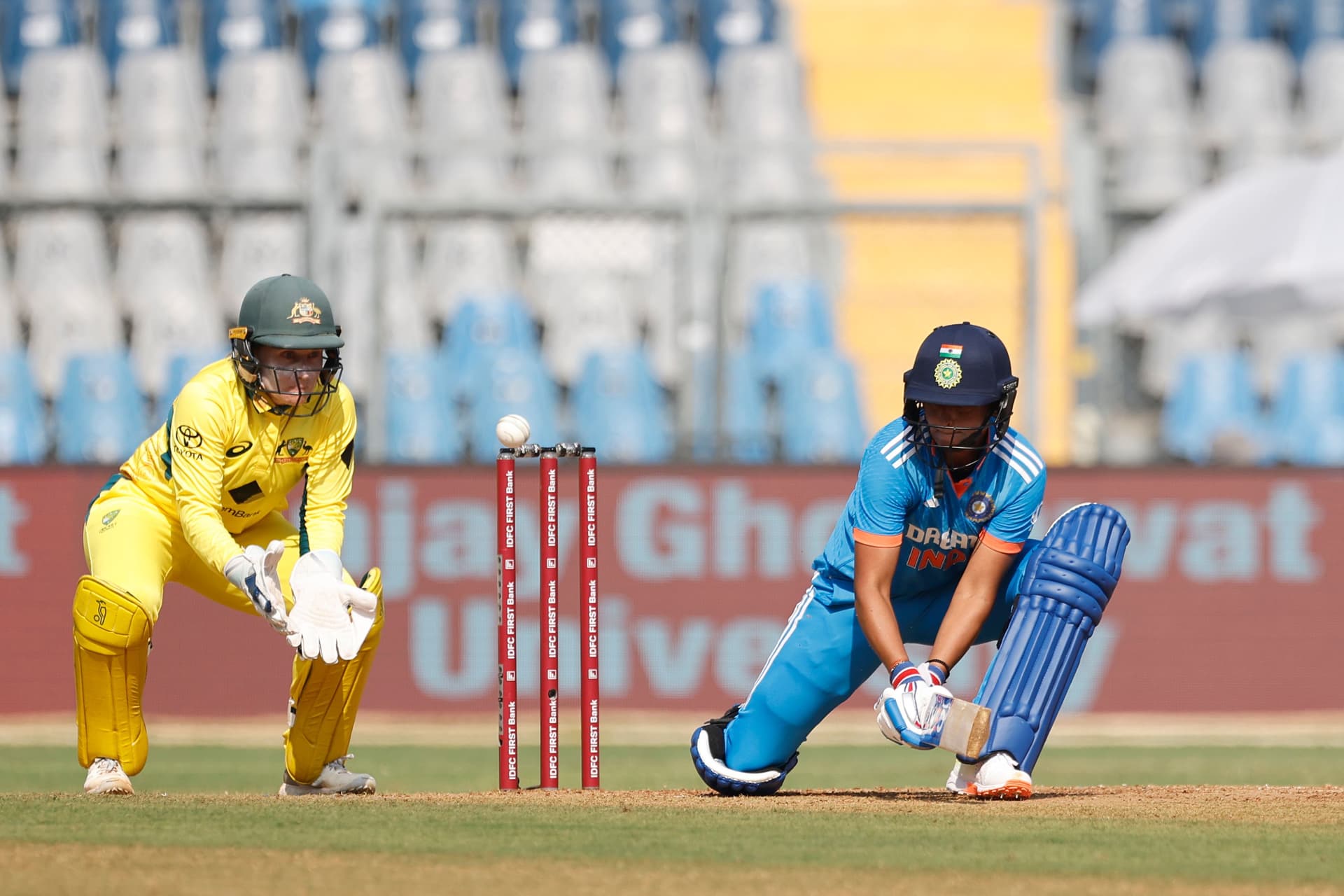 Harmanpreet Kaur (C) of India plays a shot during women's One Day International Match