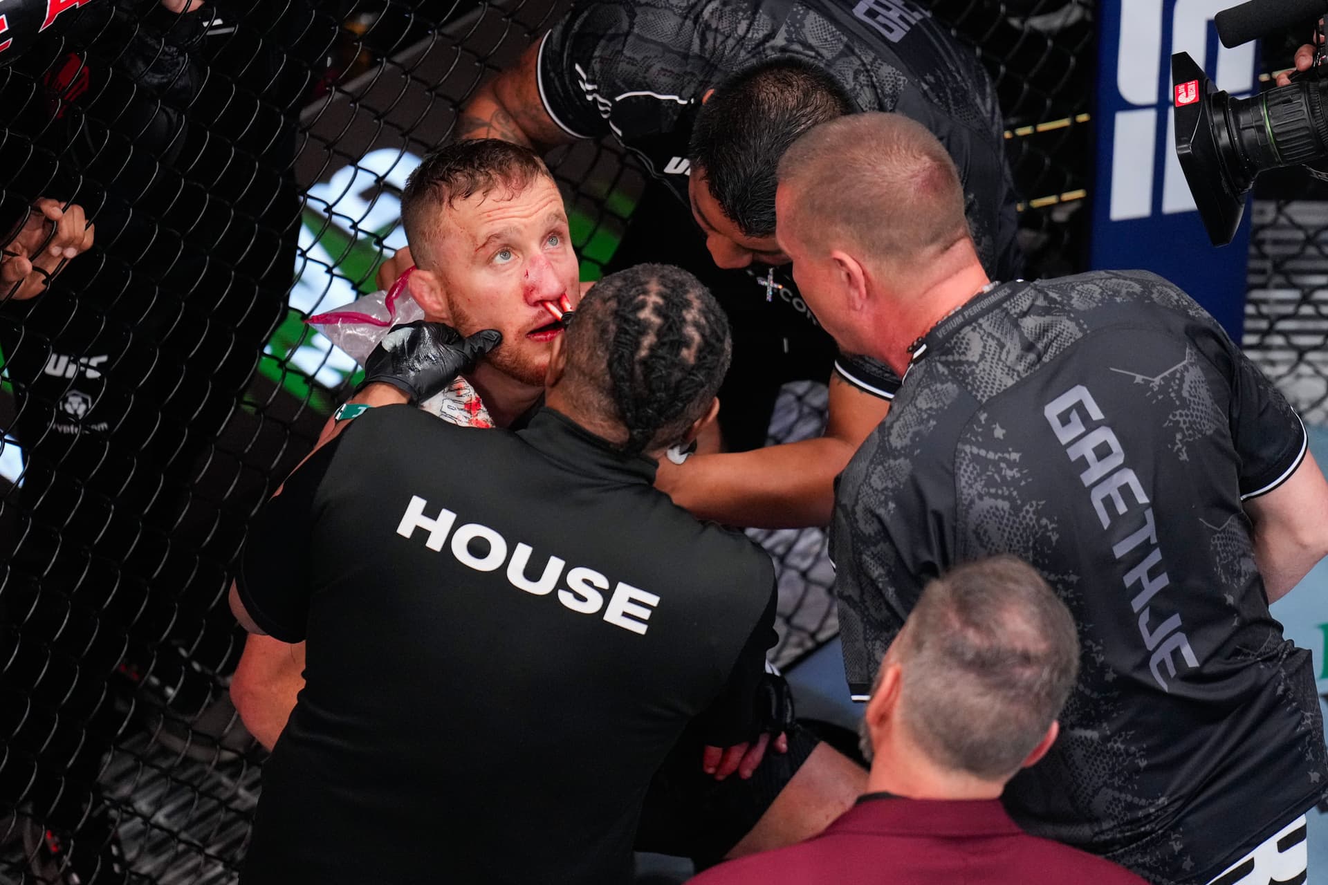 Justin Gaethje rests between rounds in the BMF