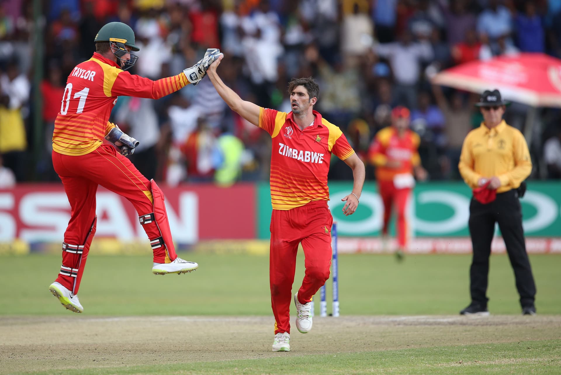 Brendan Taylor (L) and Graeme Cremer of Zimbabwe celebrate the wicket of Shimron Hetmyer of The West Indies during The Cricket World Cup Qualifier