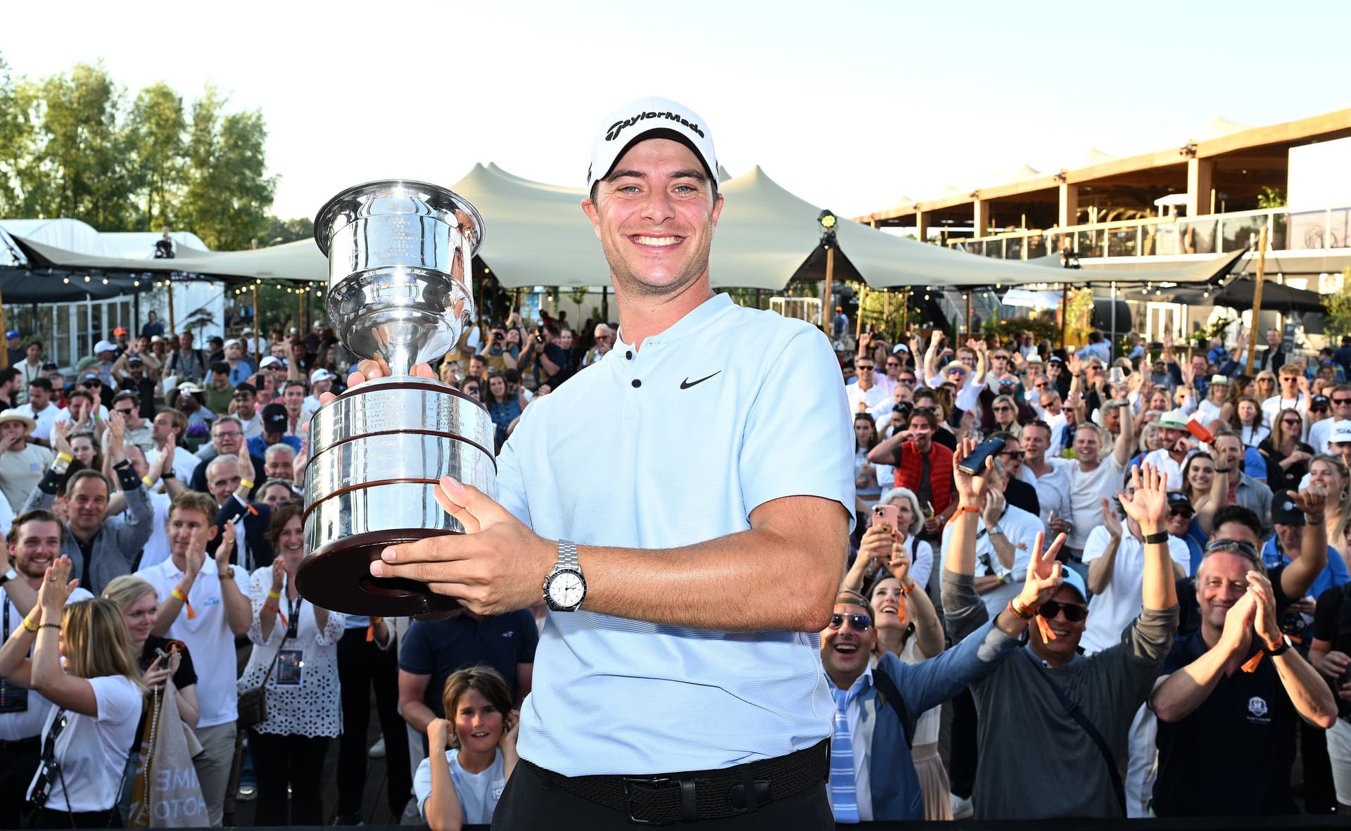 Guido Migliozzi of Italy poses with the trophy after winning the KLM Open.jpg