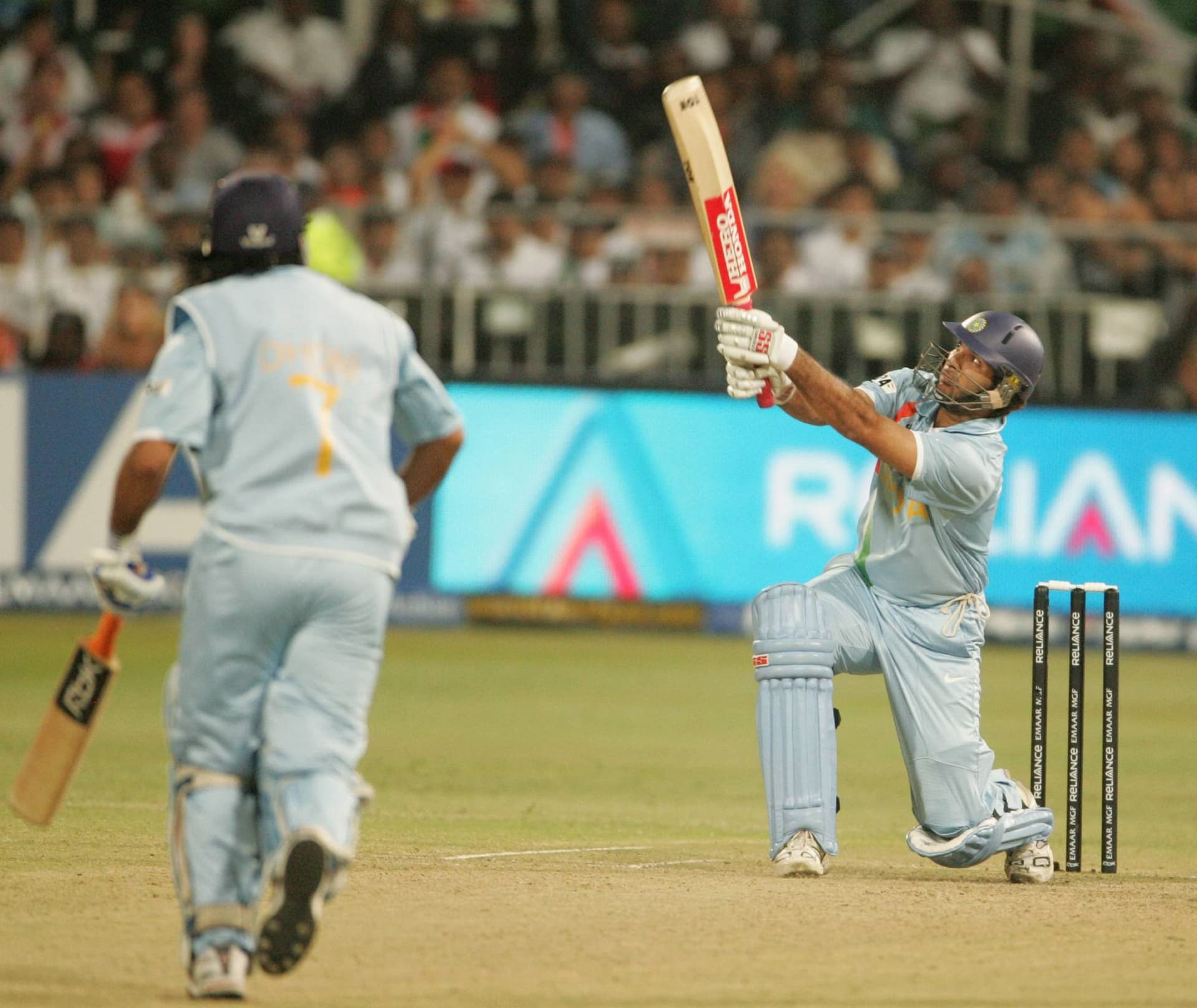 India's Yuvraj Singh hits six sixes off Stuart Broad of England in one over for his 58 runs