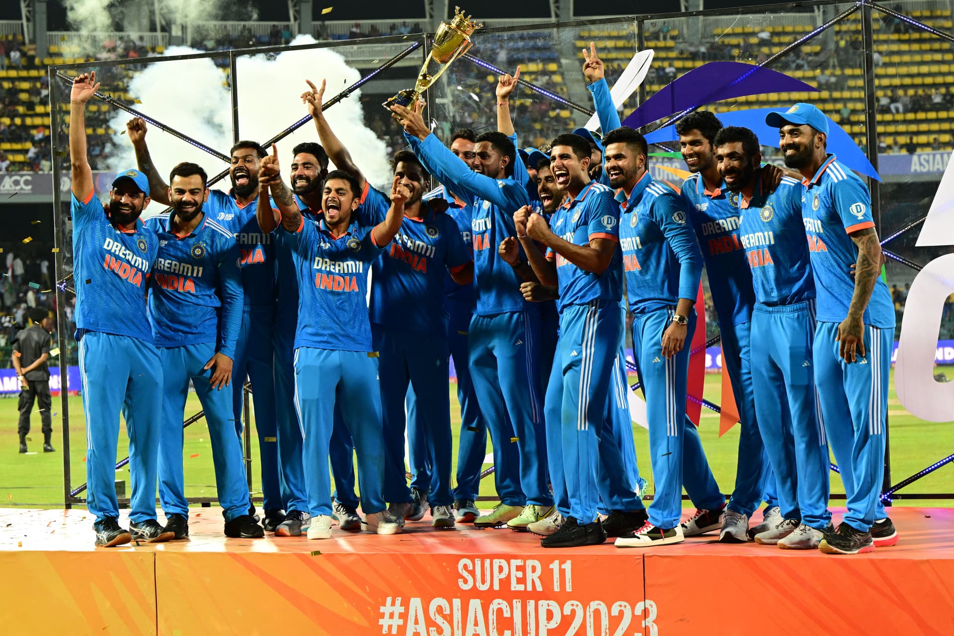 India's players celebrate with the trophy after winning the Asia Cup 2023