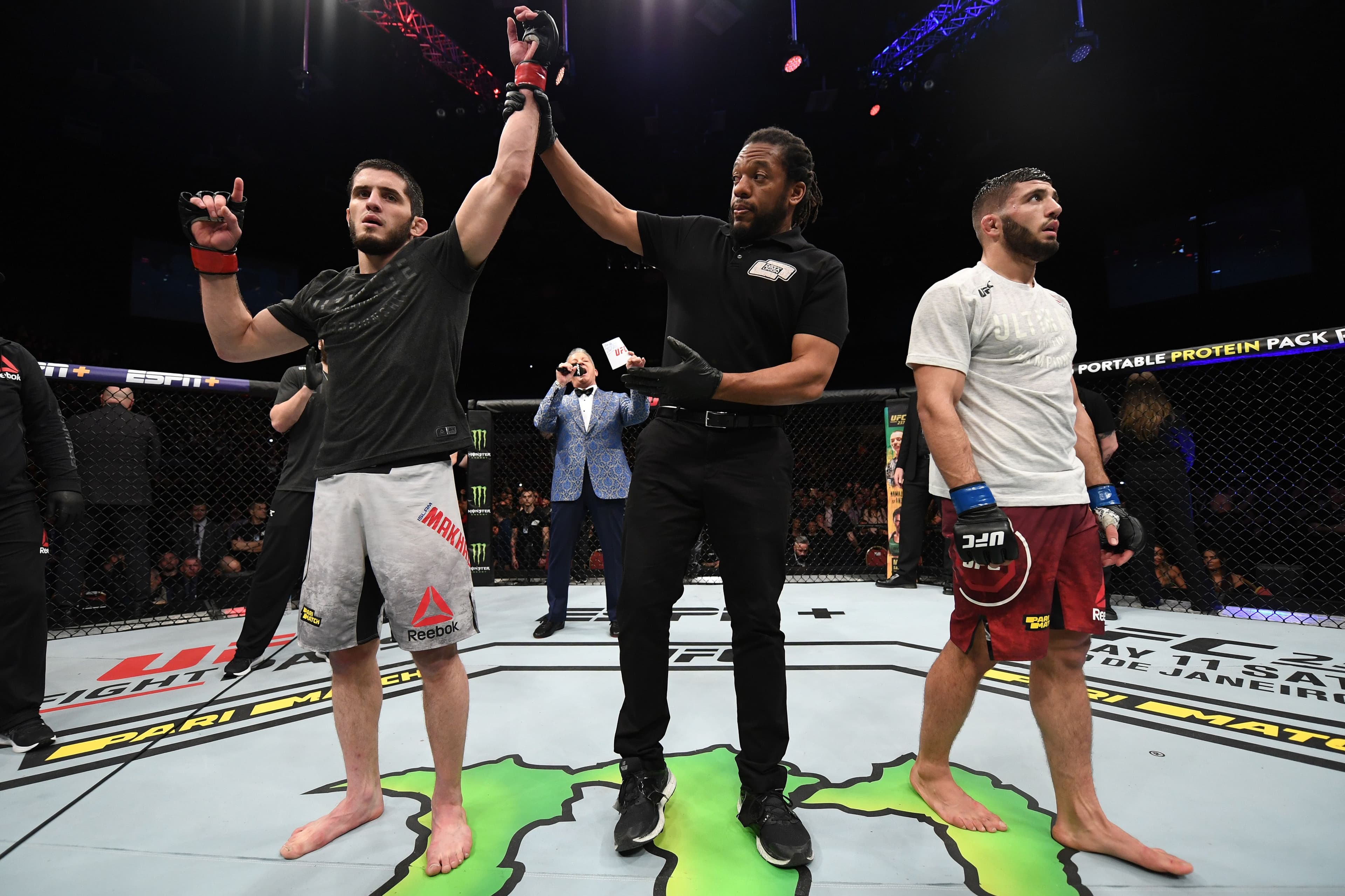 Islam Makhachev of Russia celebrates his victory over Arman Tsarukyan