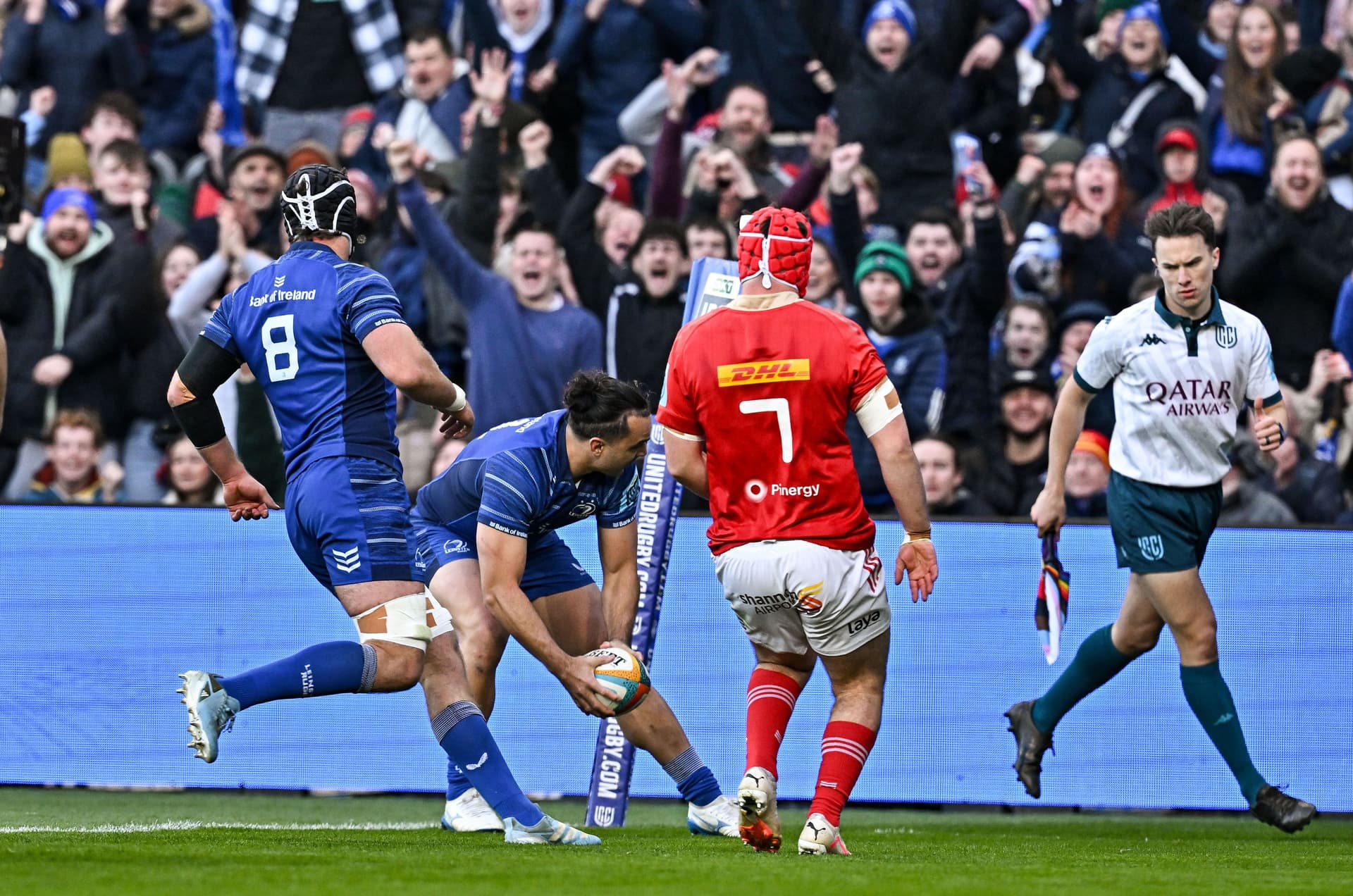 James Lowe of Leinster scores his side's first try during the United Rugby Championship match