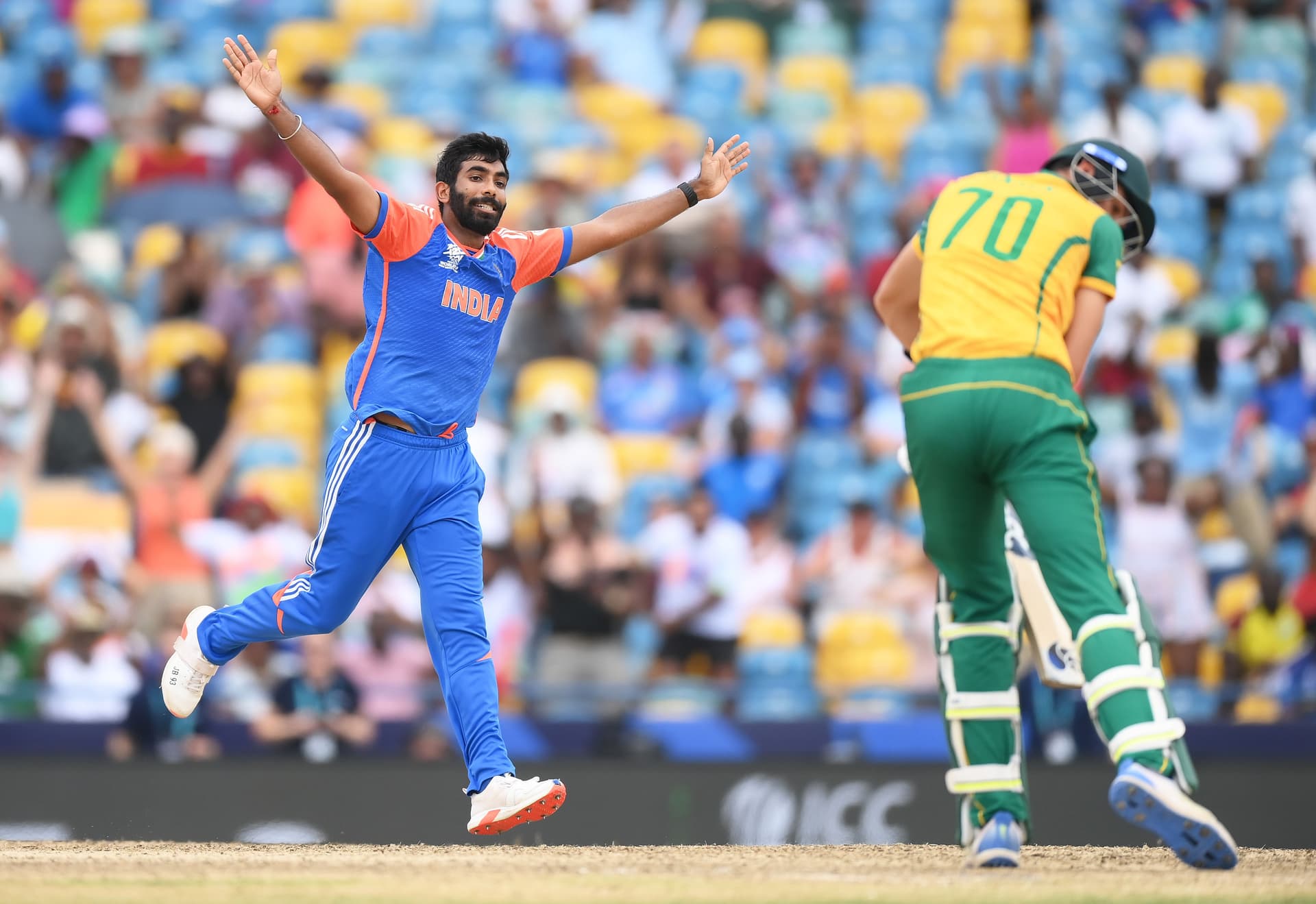 Jasprit Bumrah of India celebrates after dismissing Marco Jansen