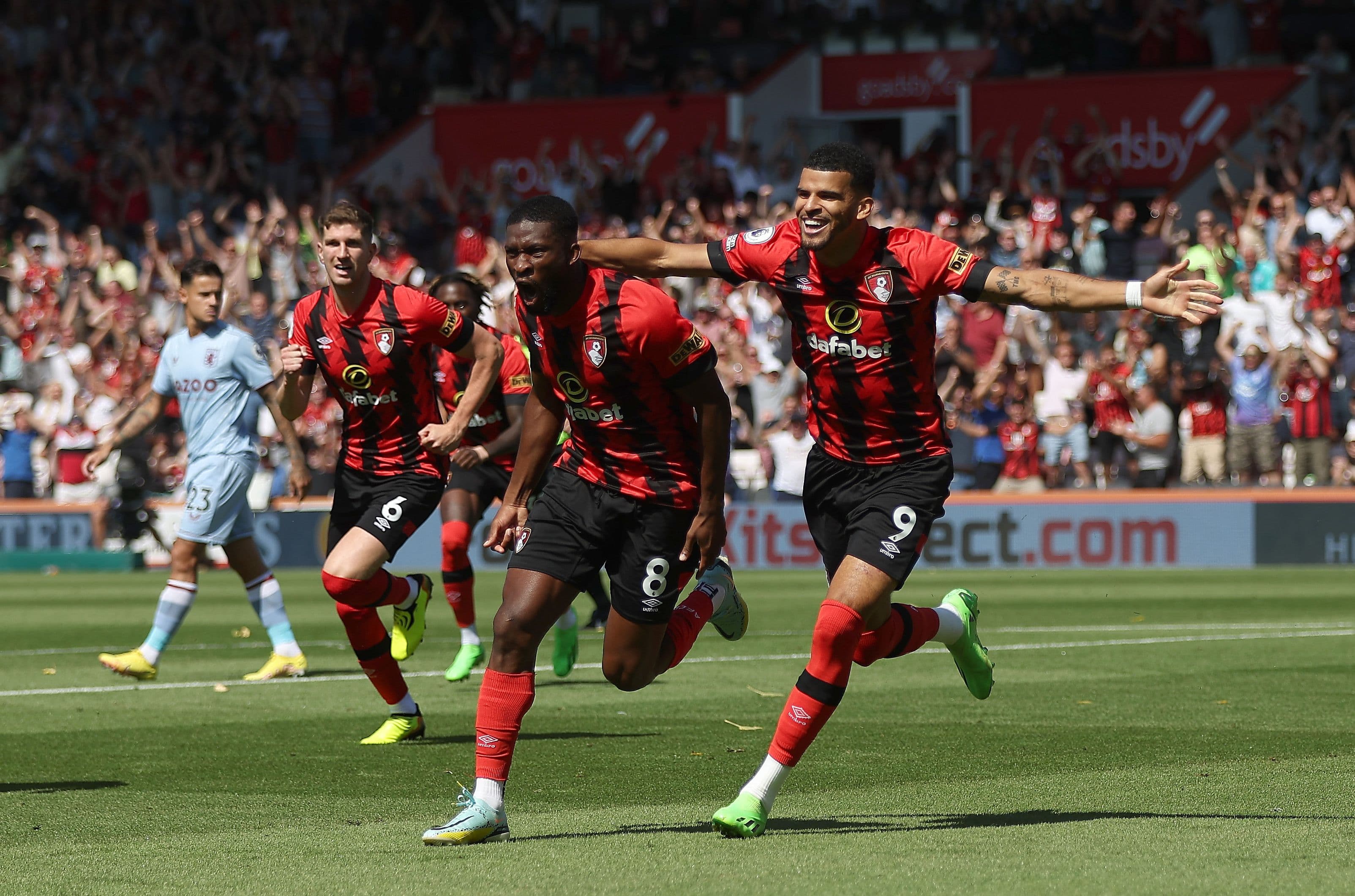 Jefferson Lerma celebrates their side's first goal with teammate Dominic Solanke