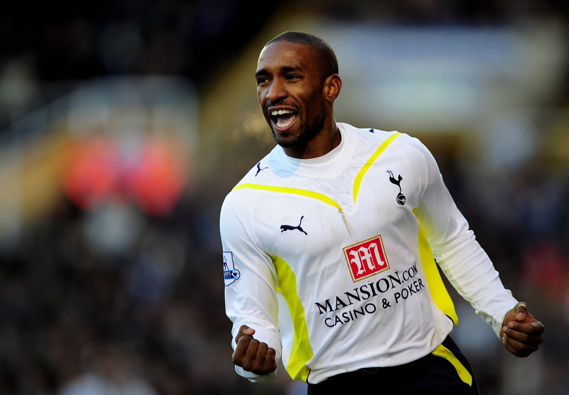 Jermain Defoe of Tottenham celebrates his goal during the Barclays Premier League