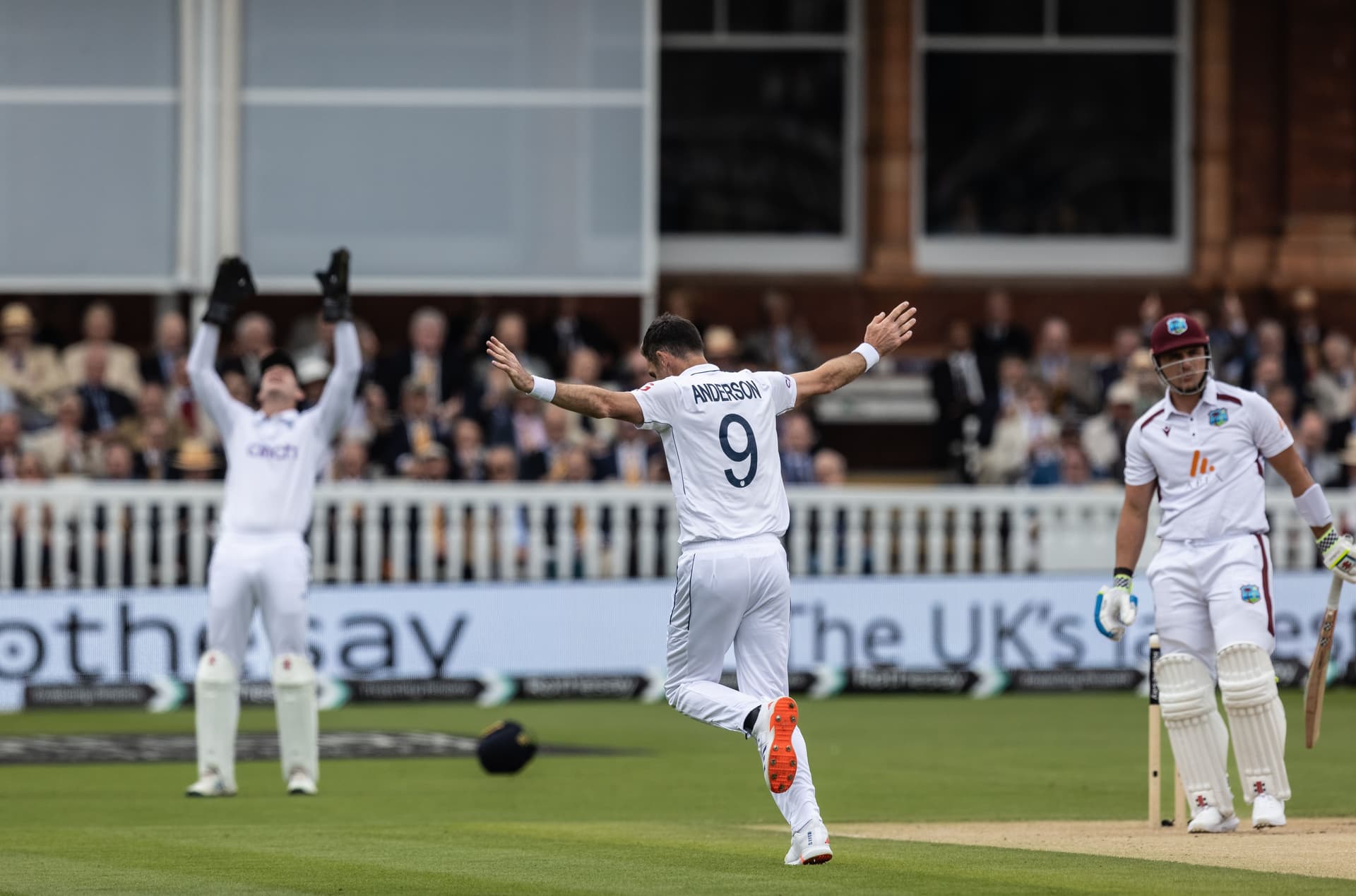 Jimmy Anderson of England celebrates after taking the wicket of Joshua da Silva of West Indies