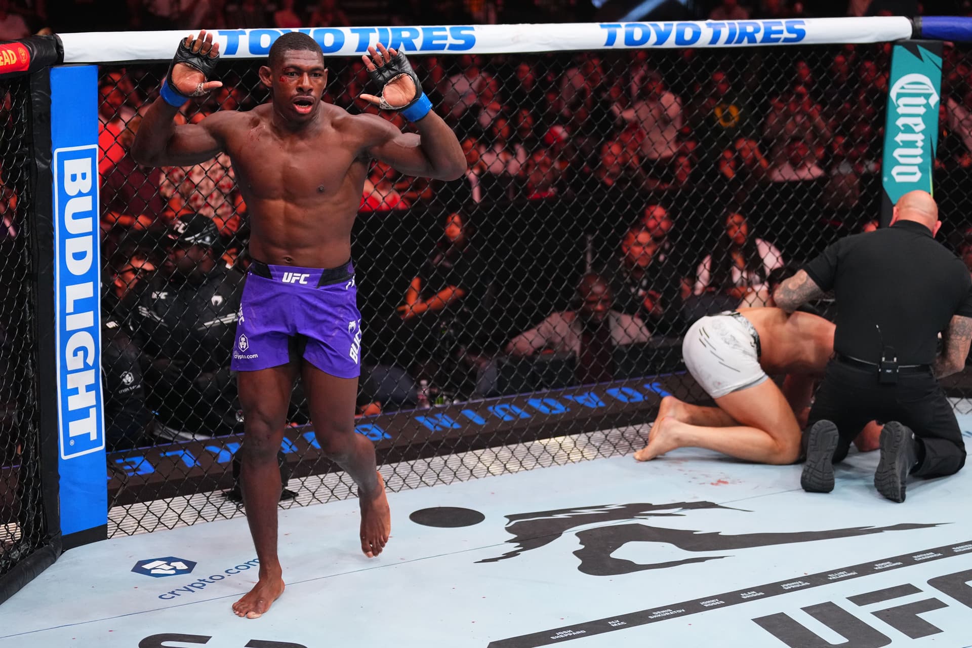 Joaquin Buckley reacts after his knockout victory against Stephen Thompson