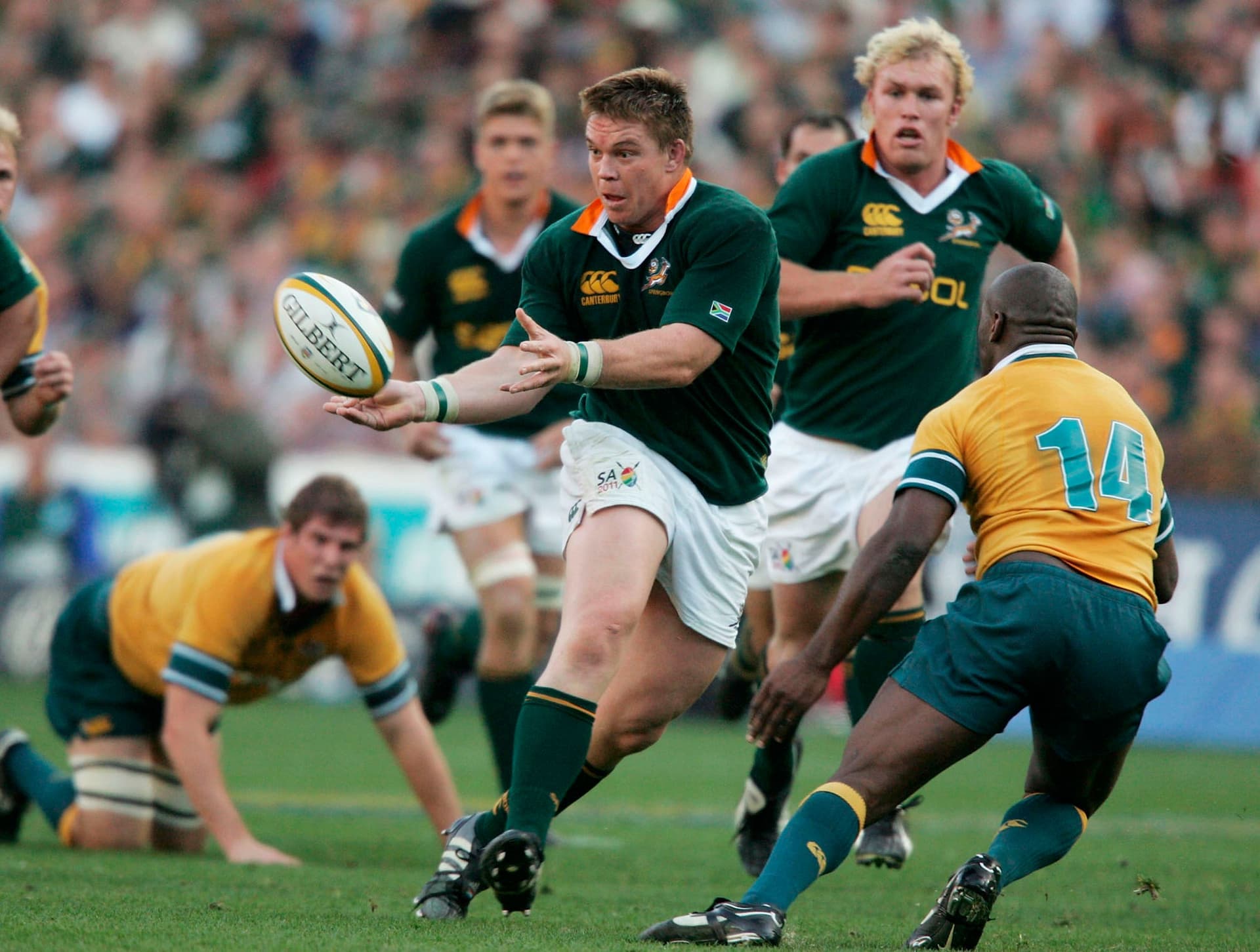 John Smit, the Springbok captain passes the ball during the Nelson Mandela Challenge Plate