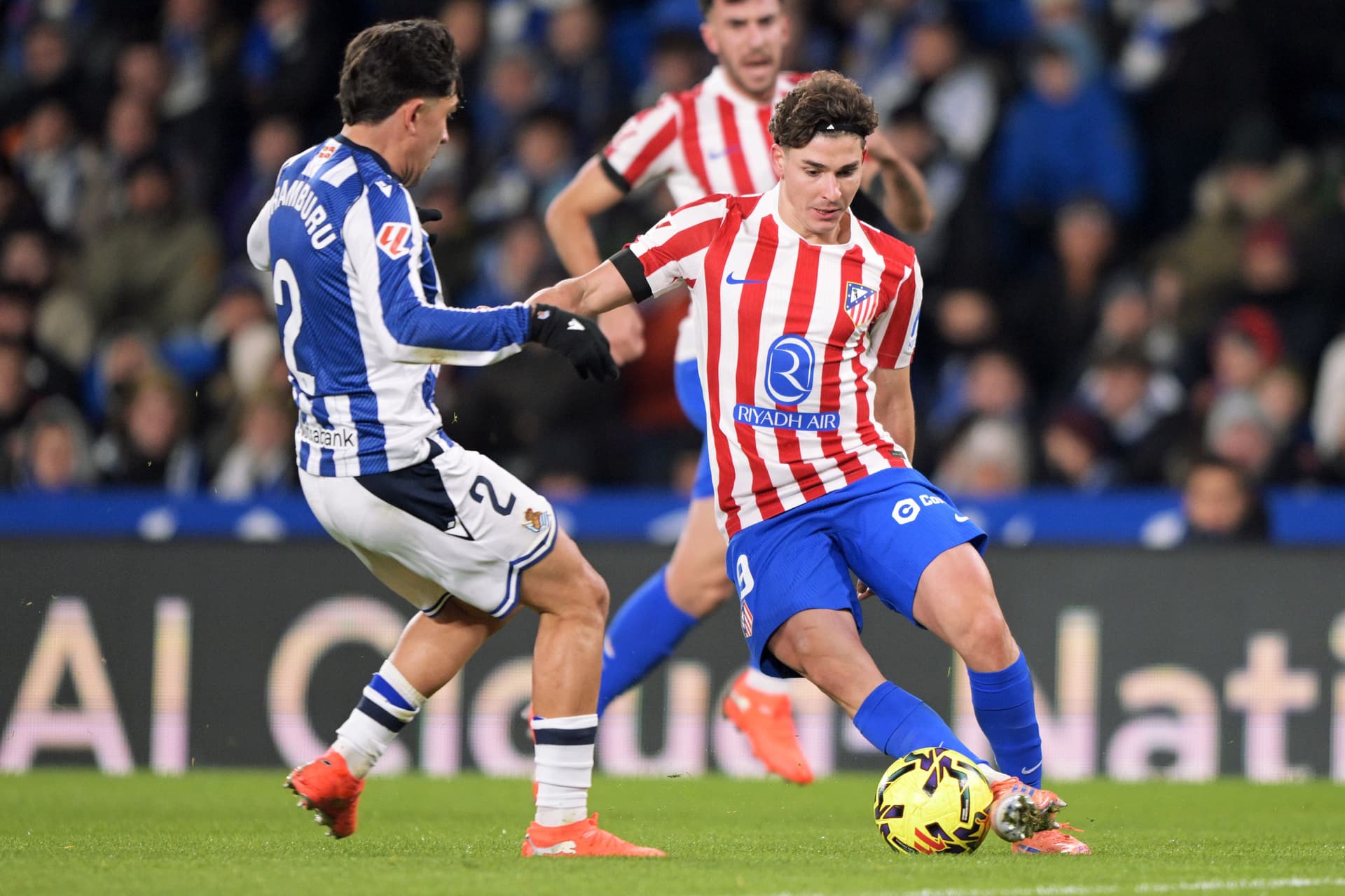 Jon Aramburu of Real Sociedad, Julian Alvarez of Atletico Madrid