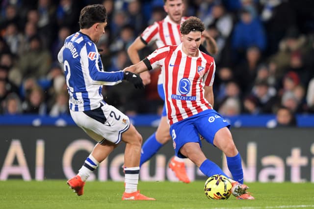 Jon Aramburu of Real Sociedad, Julian Alvarez of Atletico Madrid