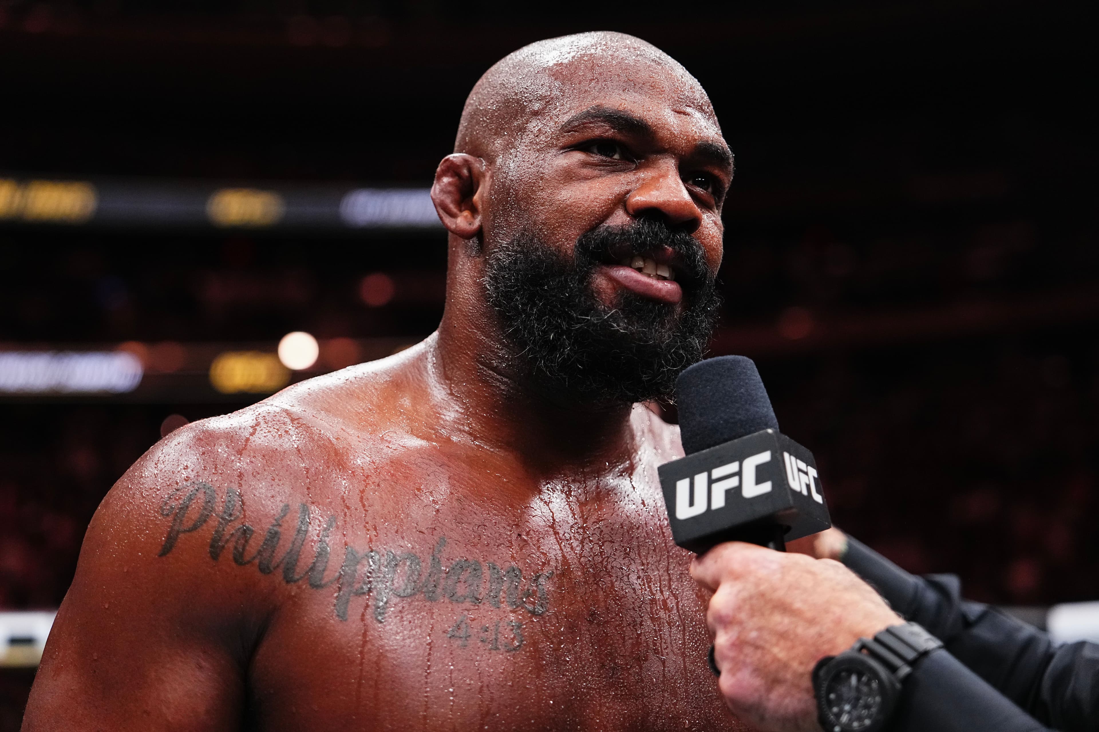 Jon Jones of the United States of America reacts after his TKO victory against Stipe Miocic