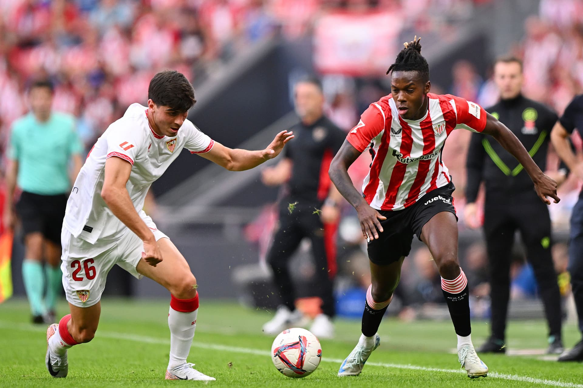 Juanlu Sanchez of Sevilla, Nico Williams of Athletic de Bilbao