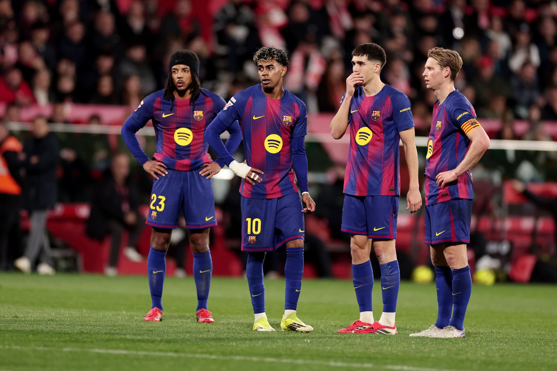 Jules Kounde of FC Barcelona, Lamine Yamal of FC Barcelona, Pau Cubarsi of FC Barcelona, Jules Kounde of FC Barcelona