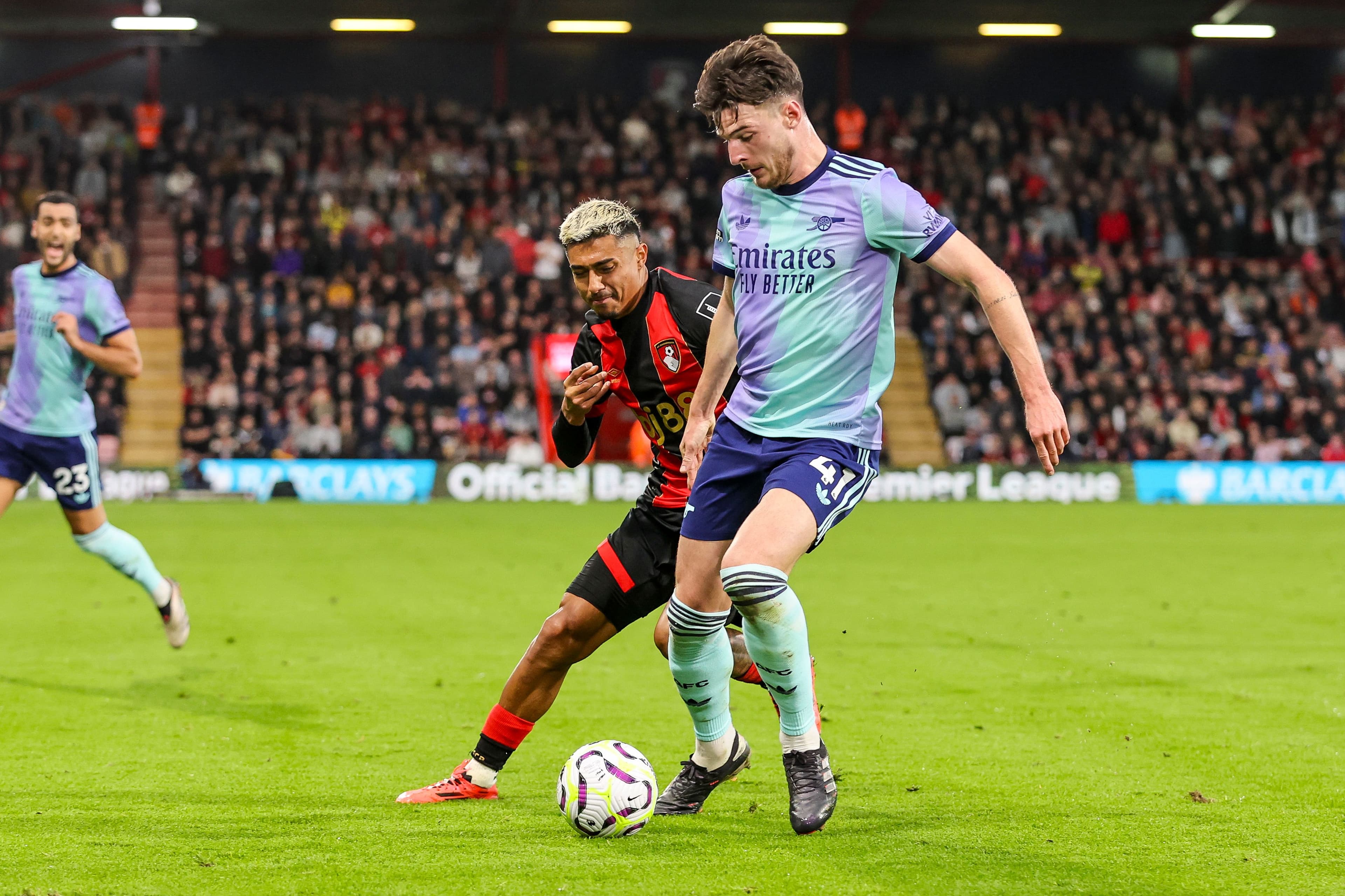 Julian Araujo of Bournemouth and Declan Rice of Arsenal
