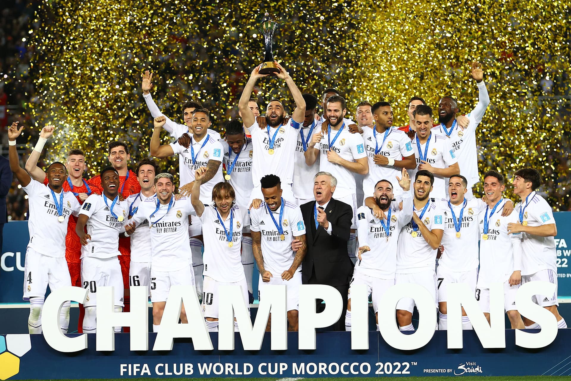 Karim Benzema of Real Madrid lifts the FIFA Club World Cup Morocco