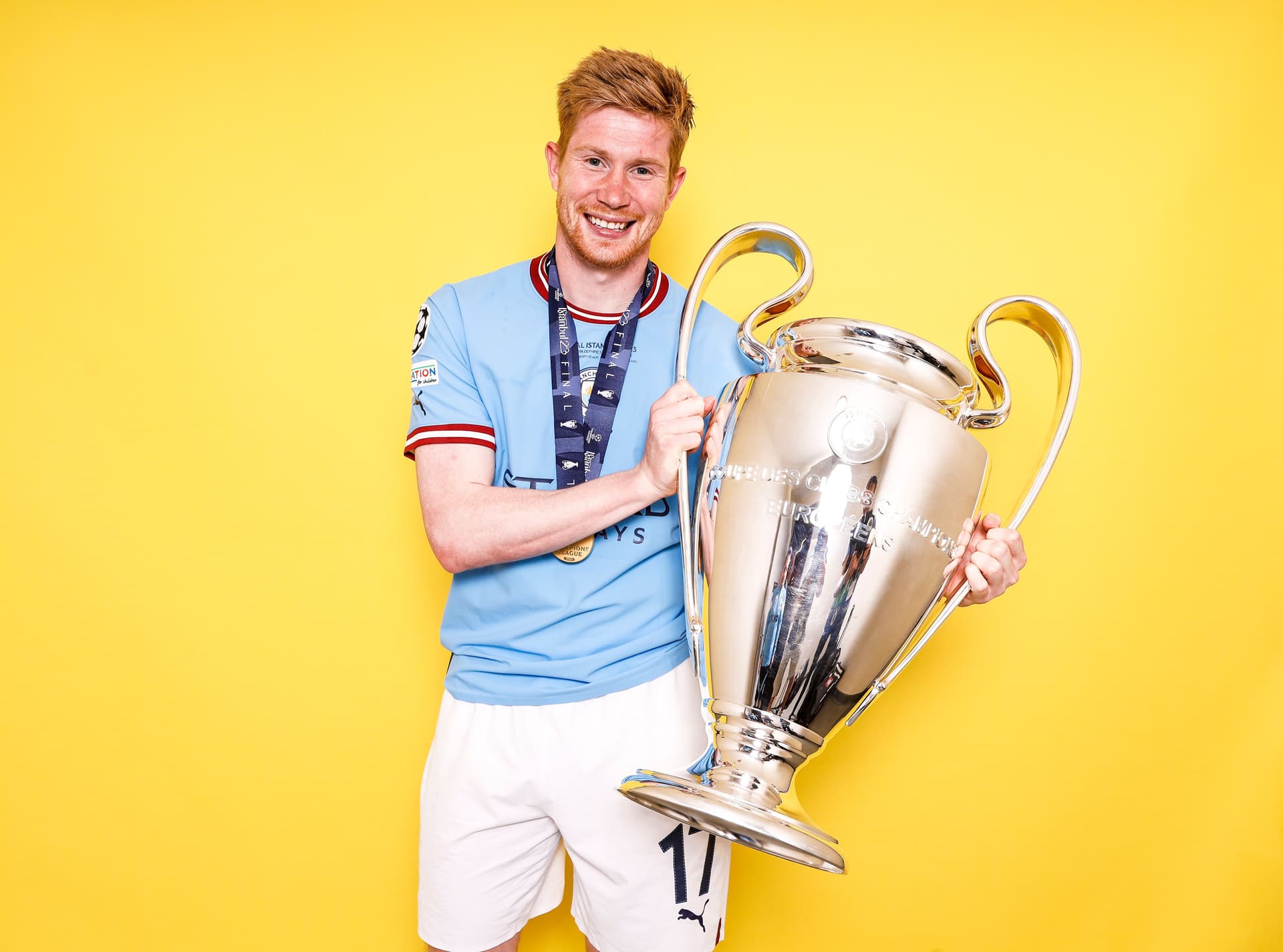 Kevin De Bruyne of Manchester City poses with the UEFA Champions League Trophy